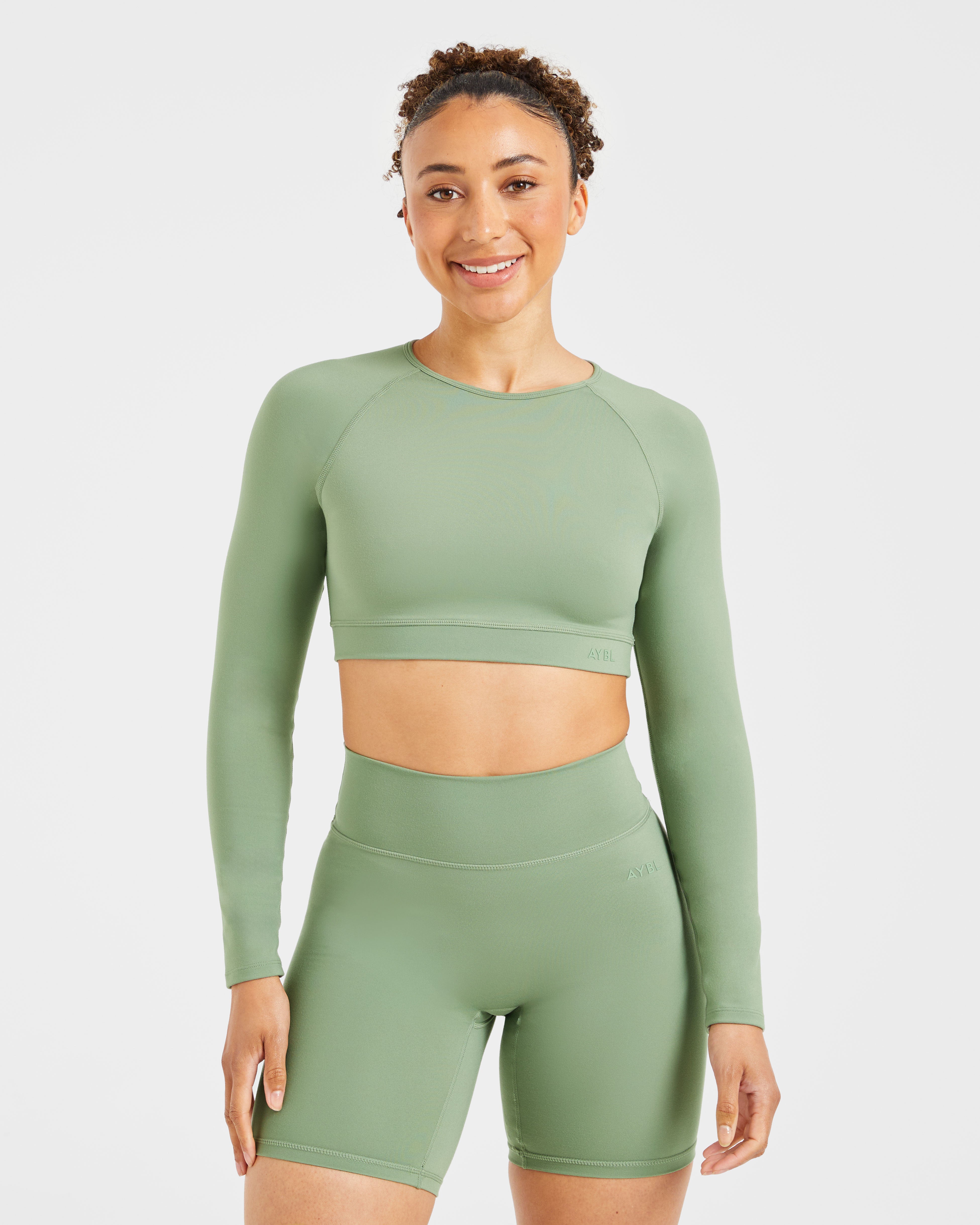 Staple Long Sleeve Crop Top - Olive Green