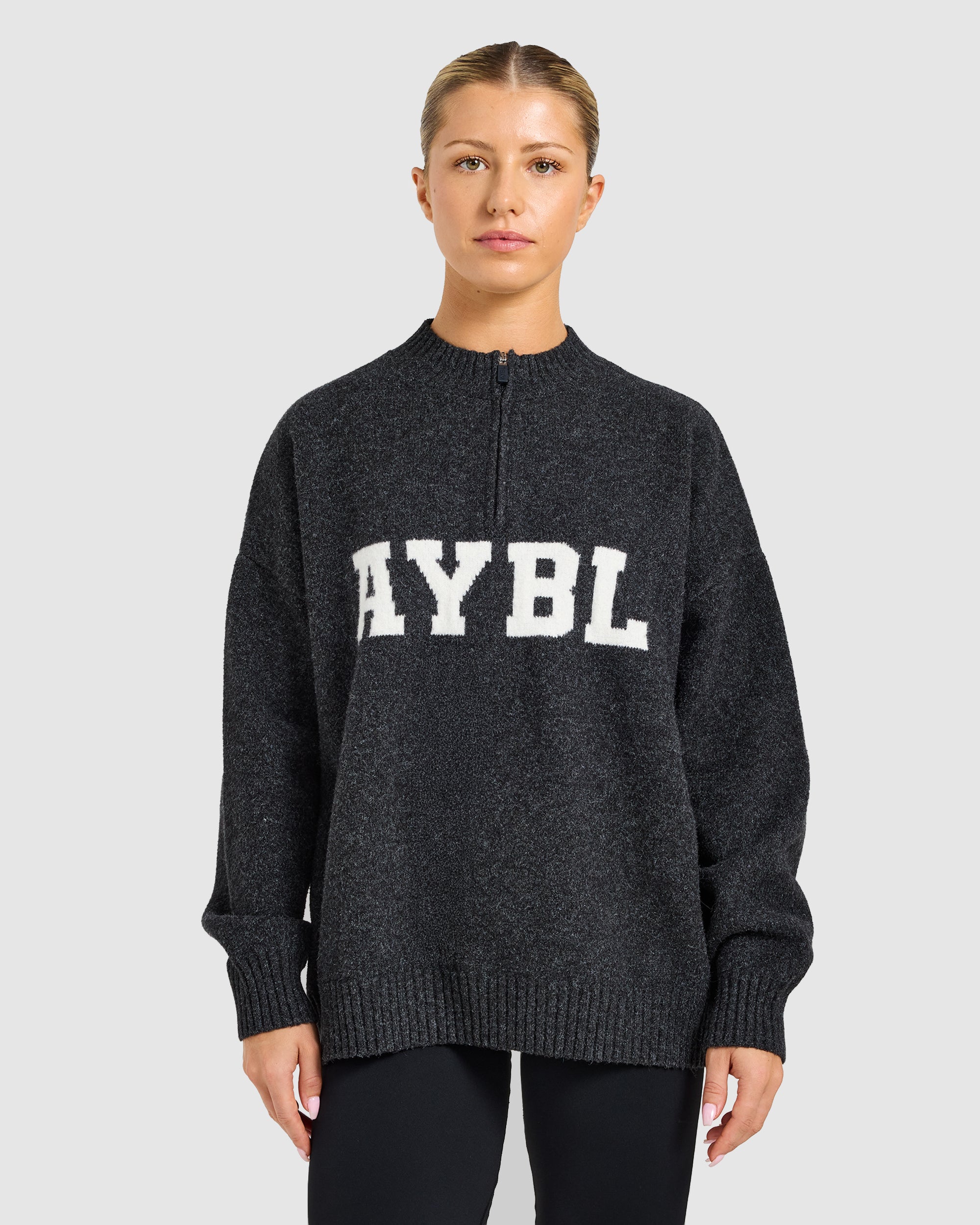 Varsity Oversized Knitted 1/4 Zip Pullover - Charcoal