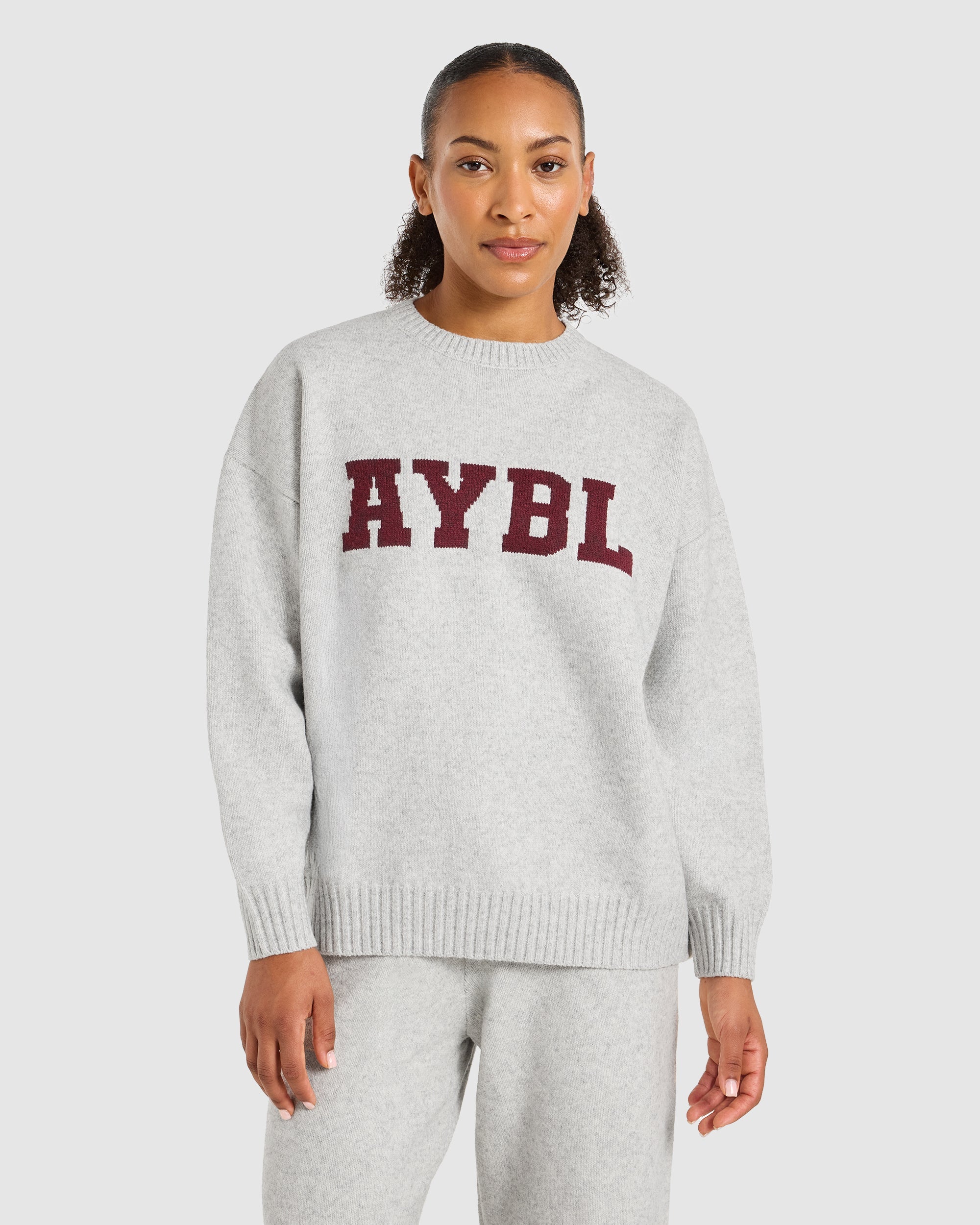 Varsity Oversized Knitted Sweater - Grey Marl/Burgundy