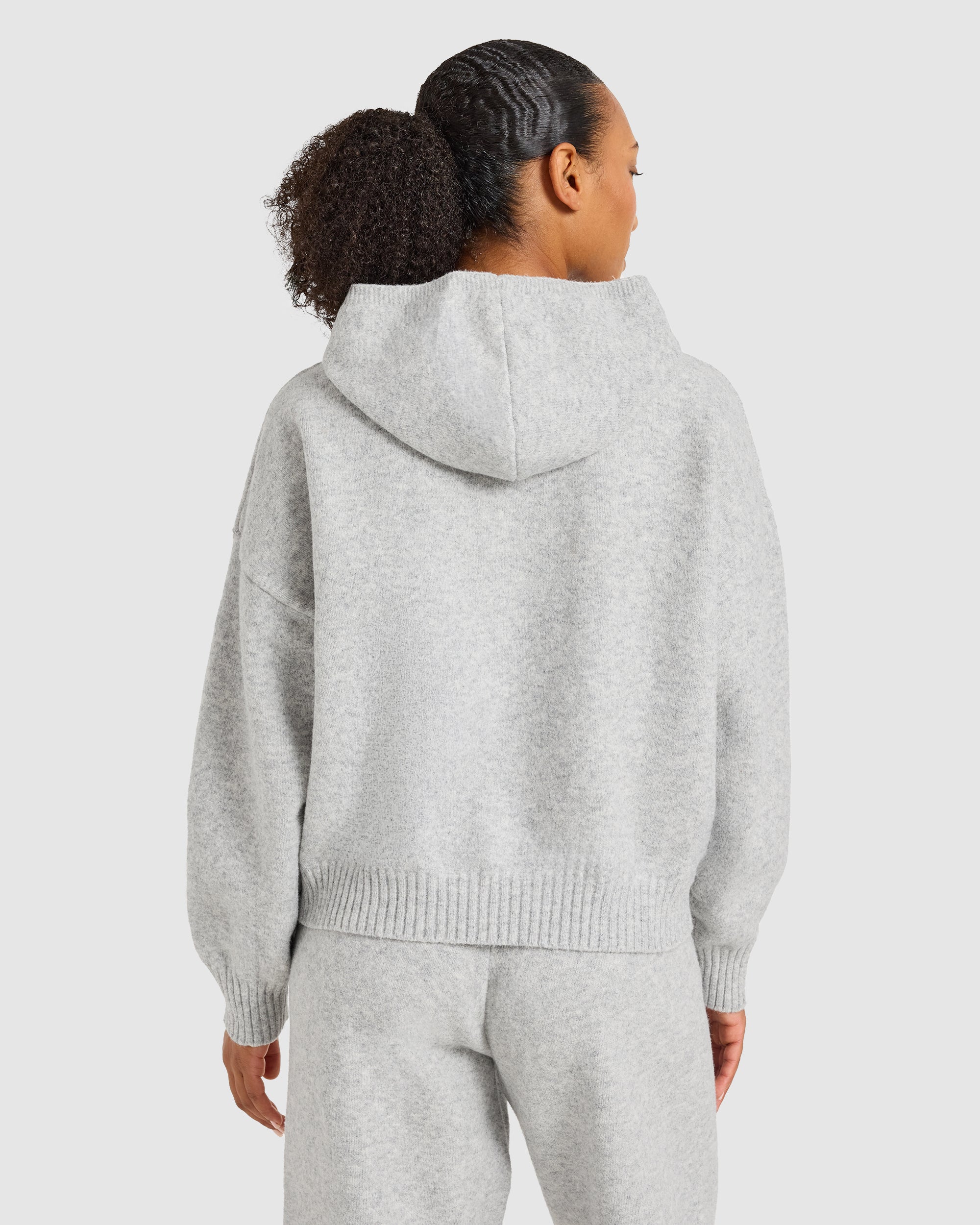 Varsity Oversized Knitted Zip Up Hoodie - Grey Marl
