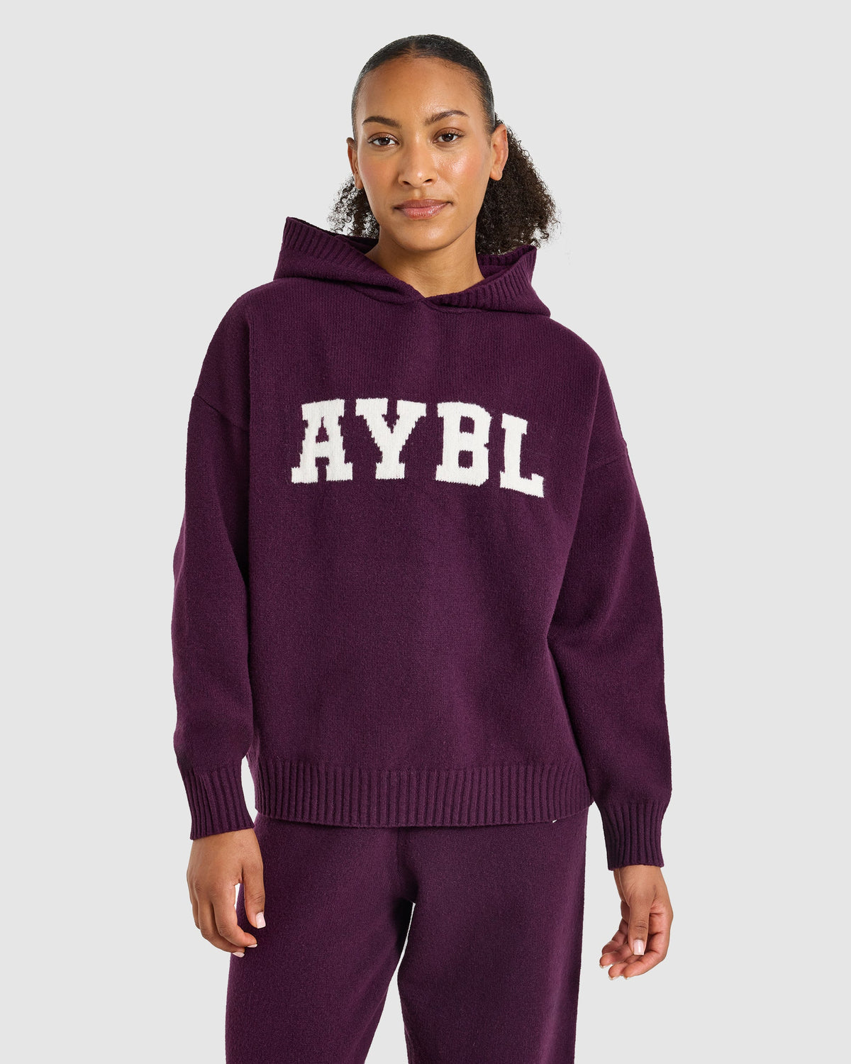 Varsity Oversized Knitted Hoodie - Plum