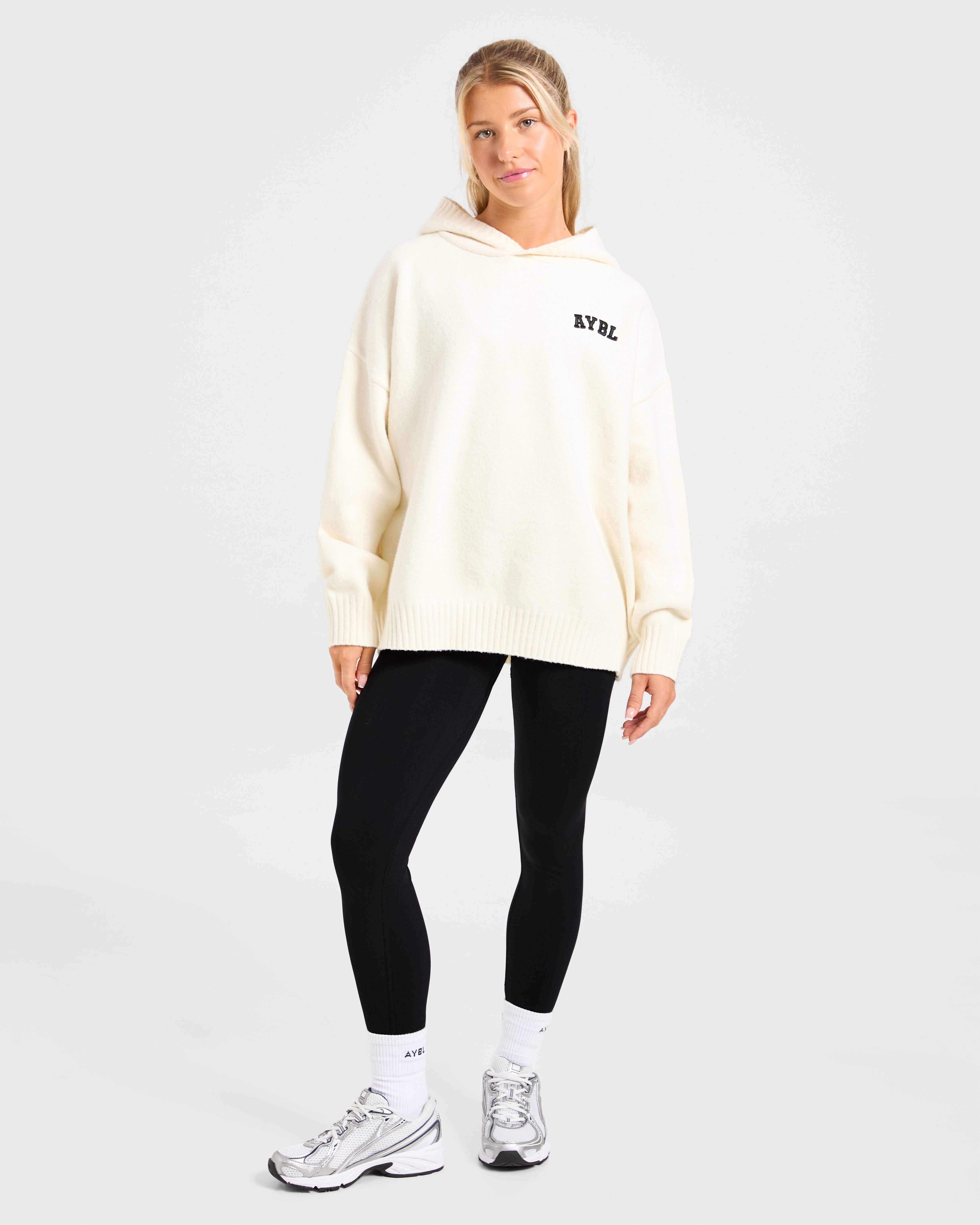 Varsity Minimal Logo Oversized Knitted Hoodie - Cream