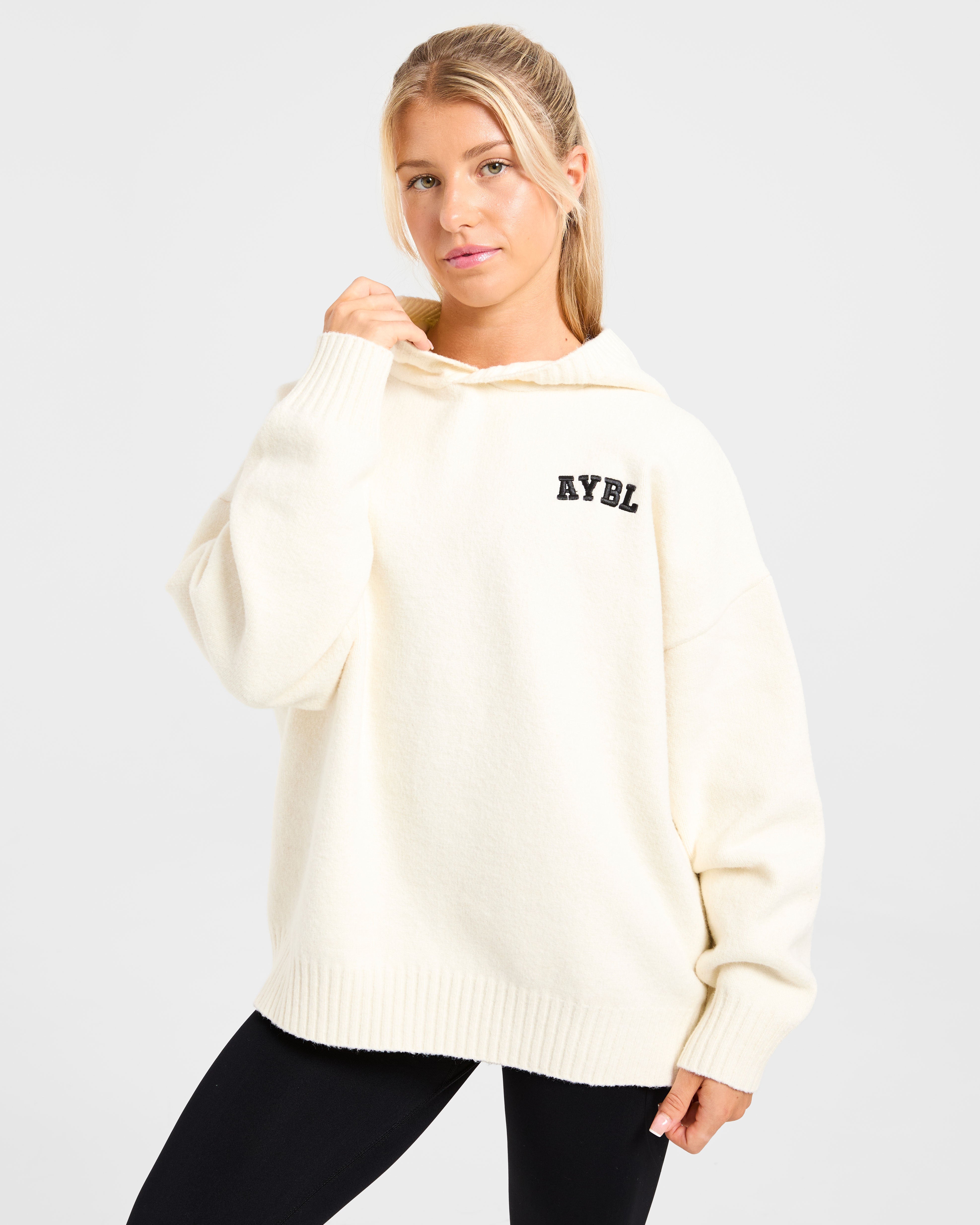 Varsity Minimal Logo Oversized Knitted Hoodie - Cream