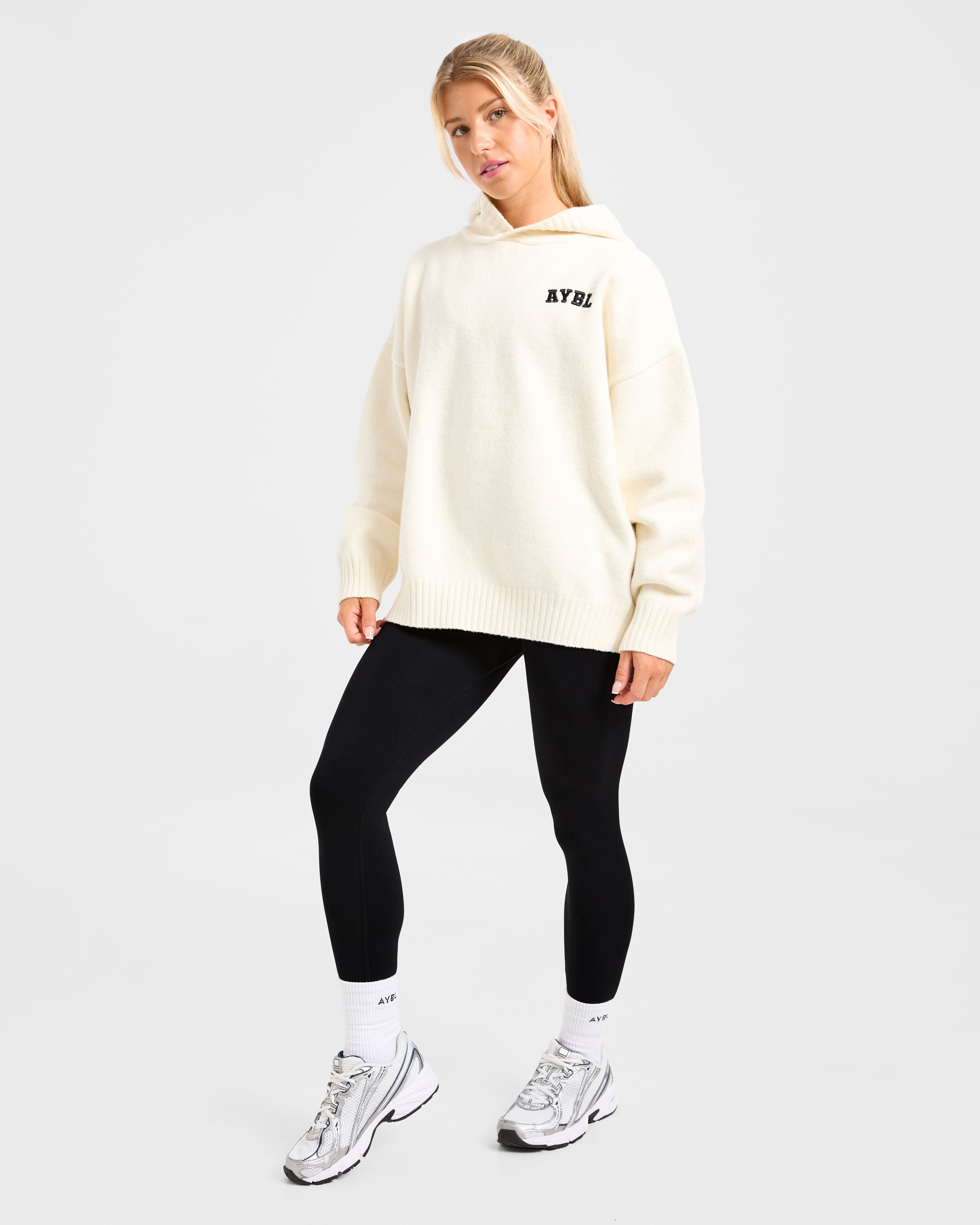 Varsity Minimal Logo Oversized Knitted Hoodie - Cream