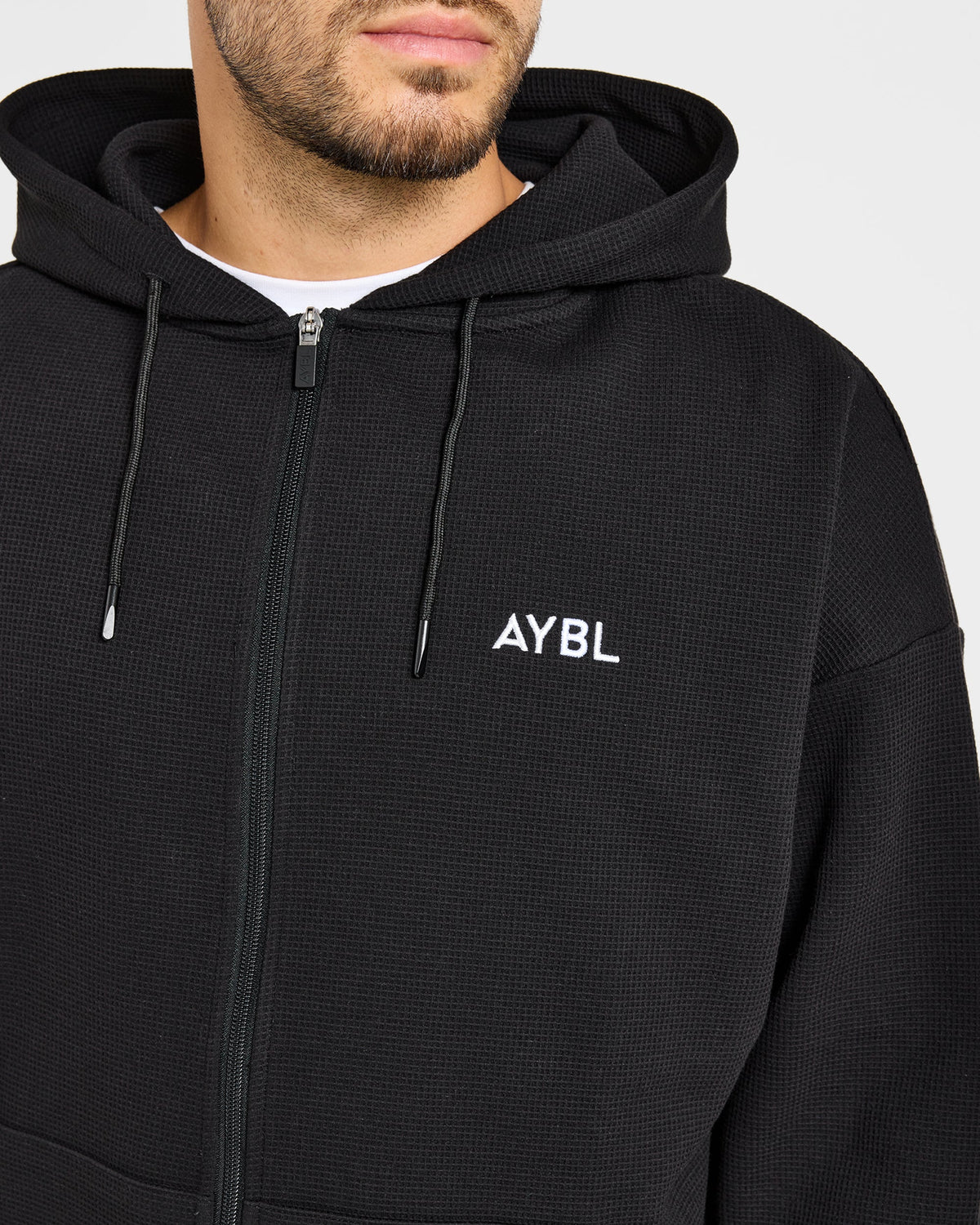 Waffle Oversized Full Zip Hoodie - Black