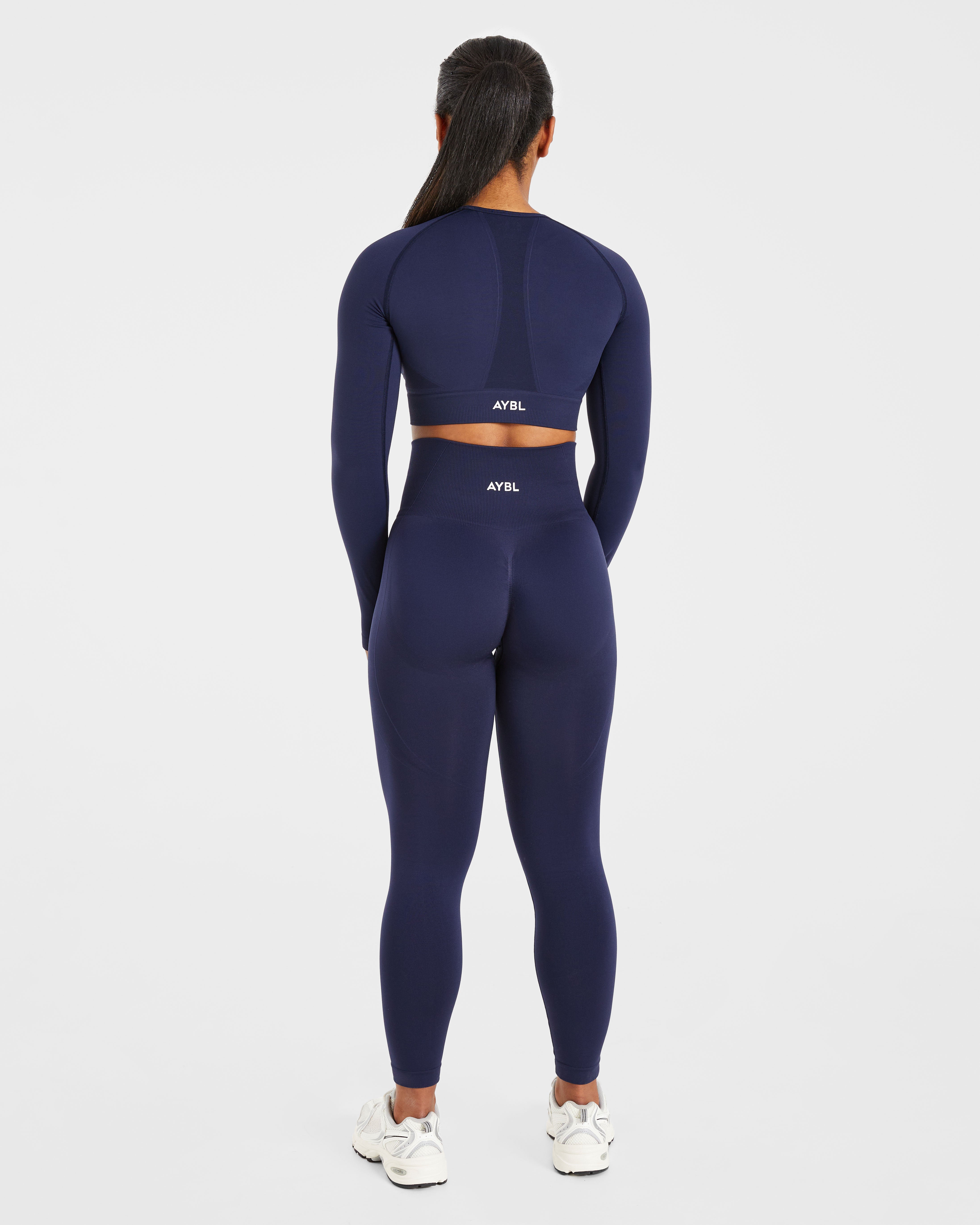 Empower Nahtloses Langarm-Crop-Top – Marineblau