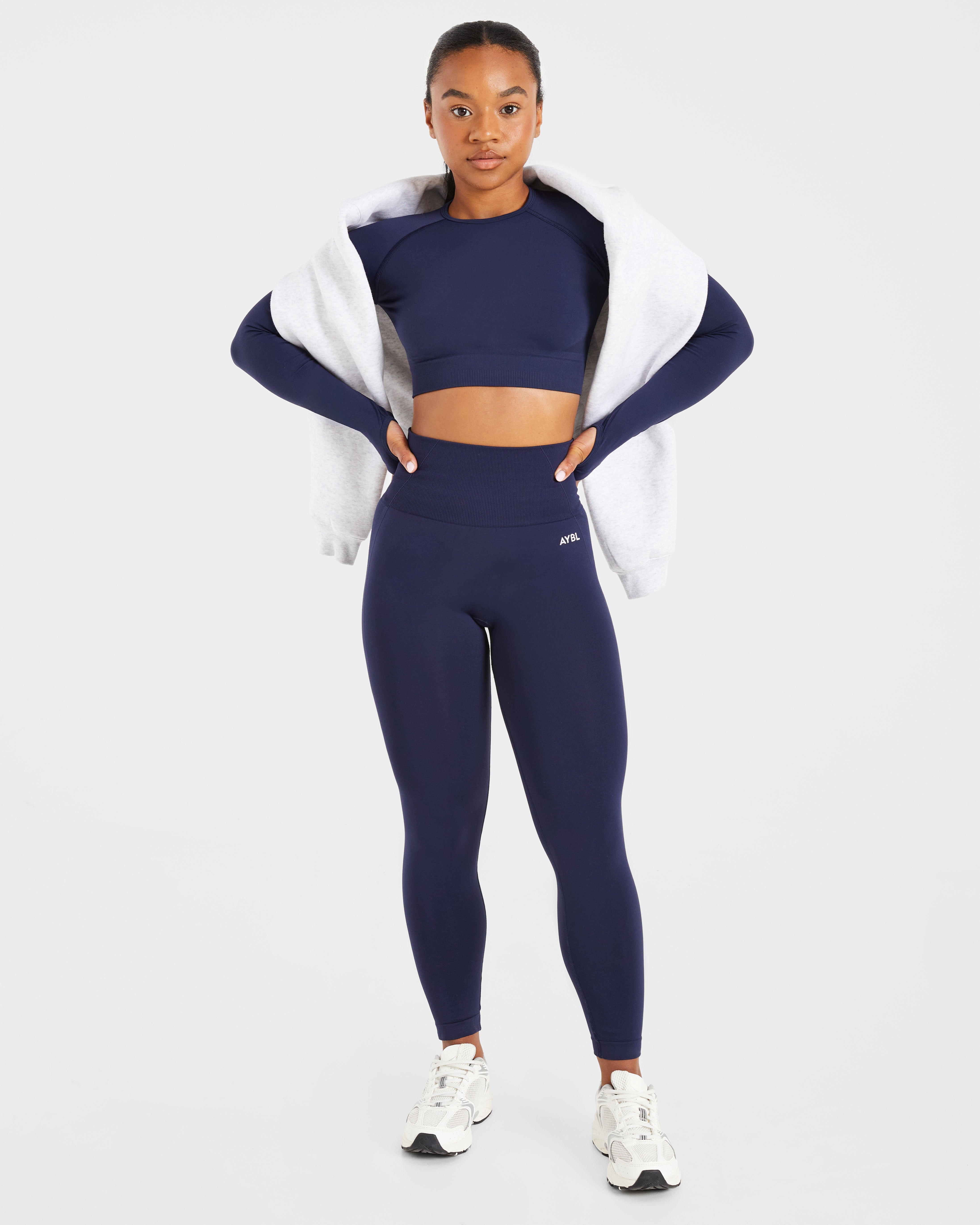 Empower Nahtloses Langarm-Crop-Top – Marineblau