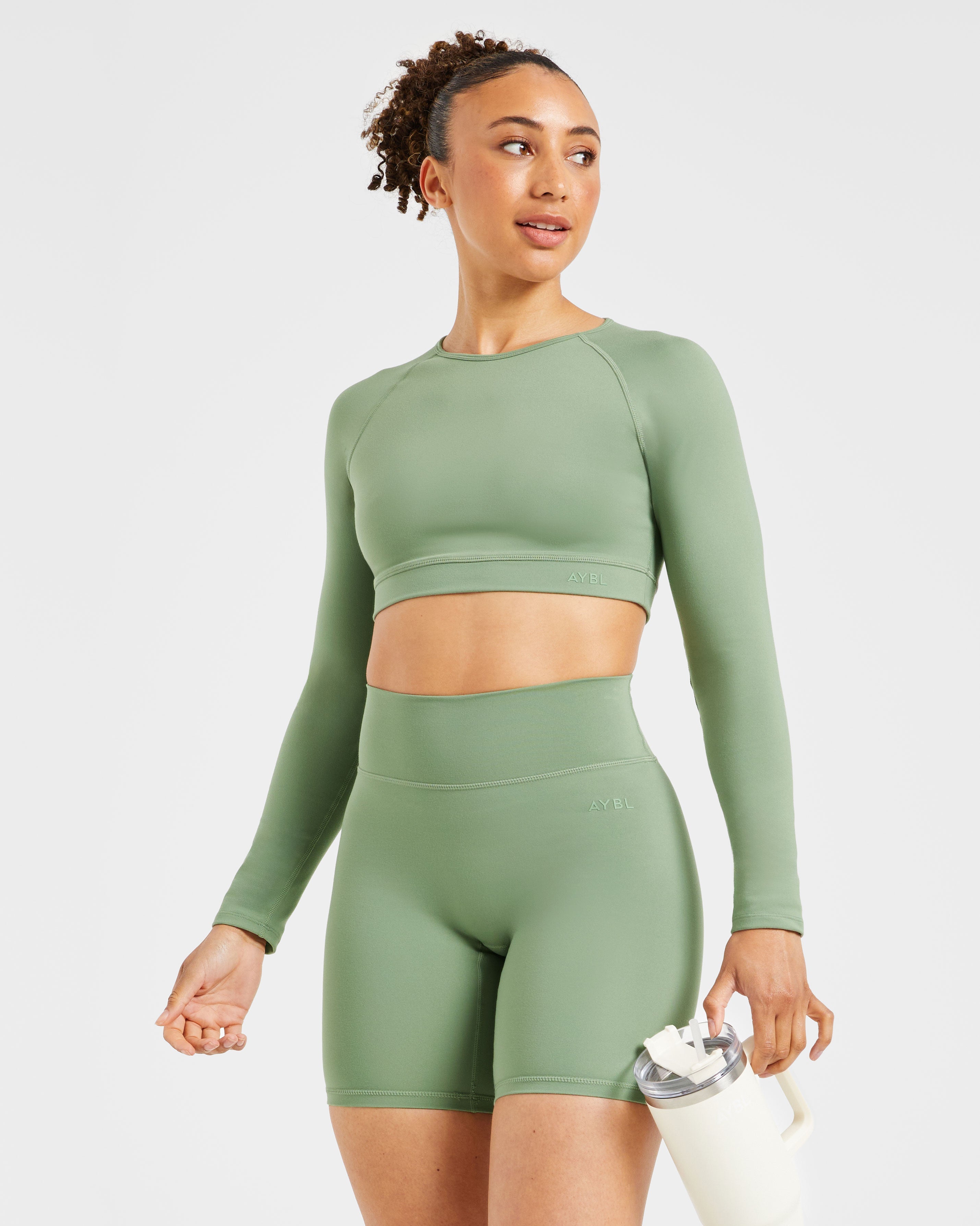 Staple Long Sleeve Crop Top - Olive Green