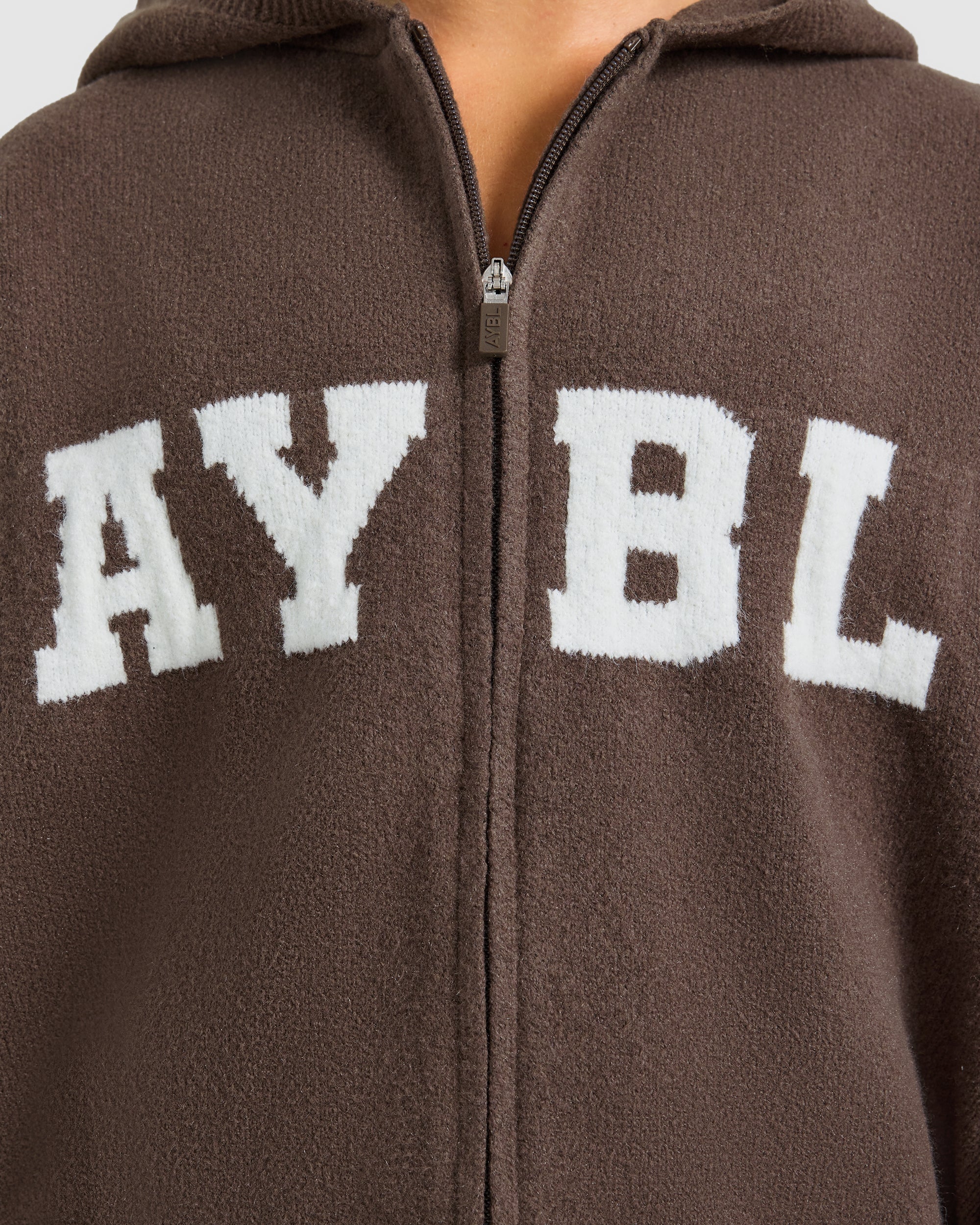 Varsity Oversized Knitted Zip Up Hoodie - Brown