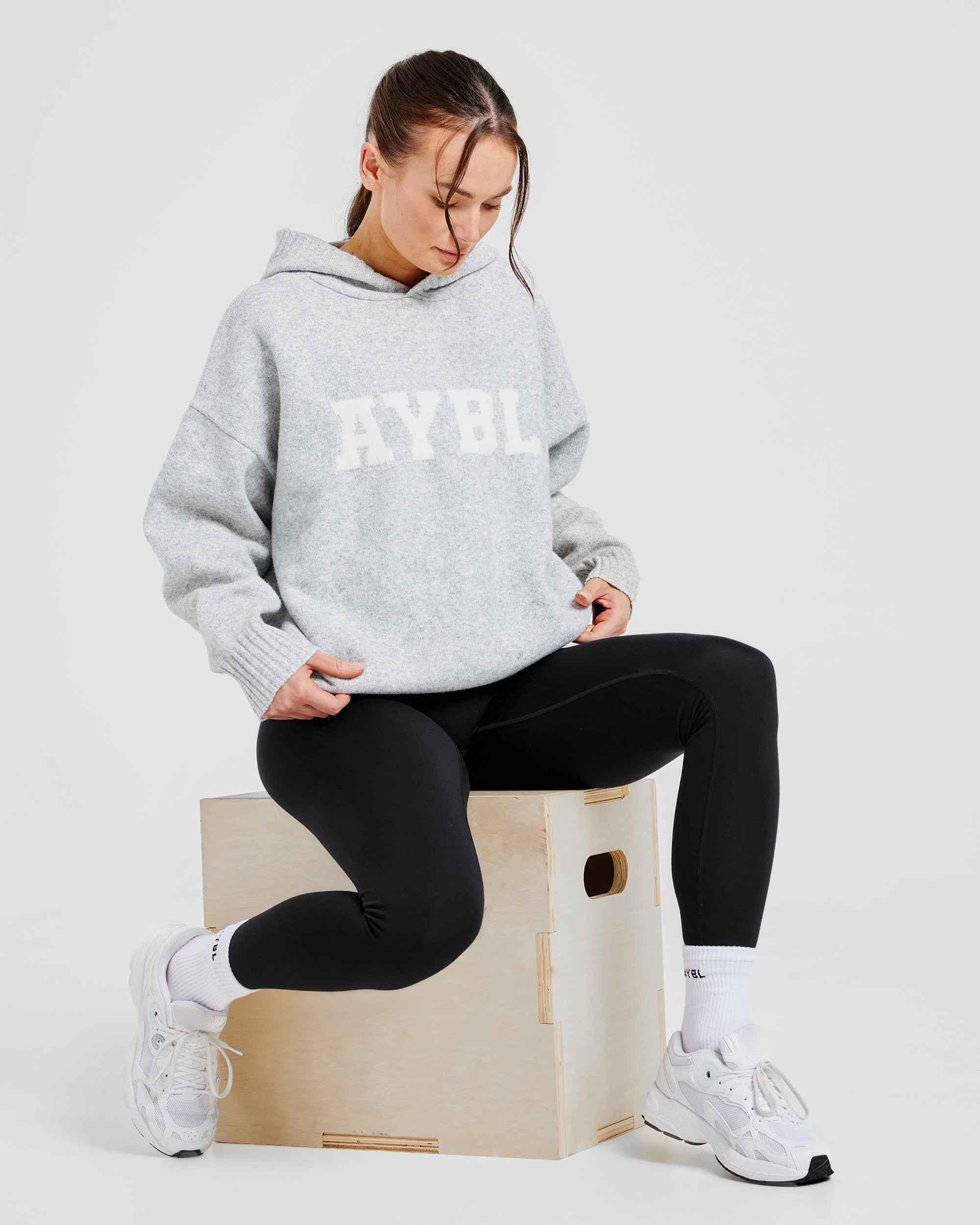 Varsity Oversized Knitted Hoodie - Grey Marl