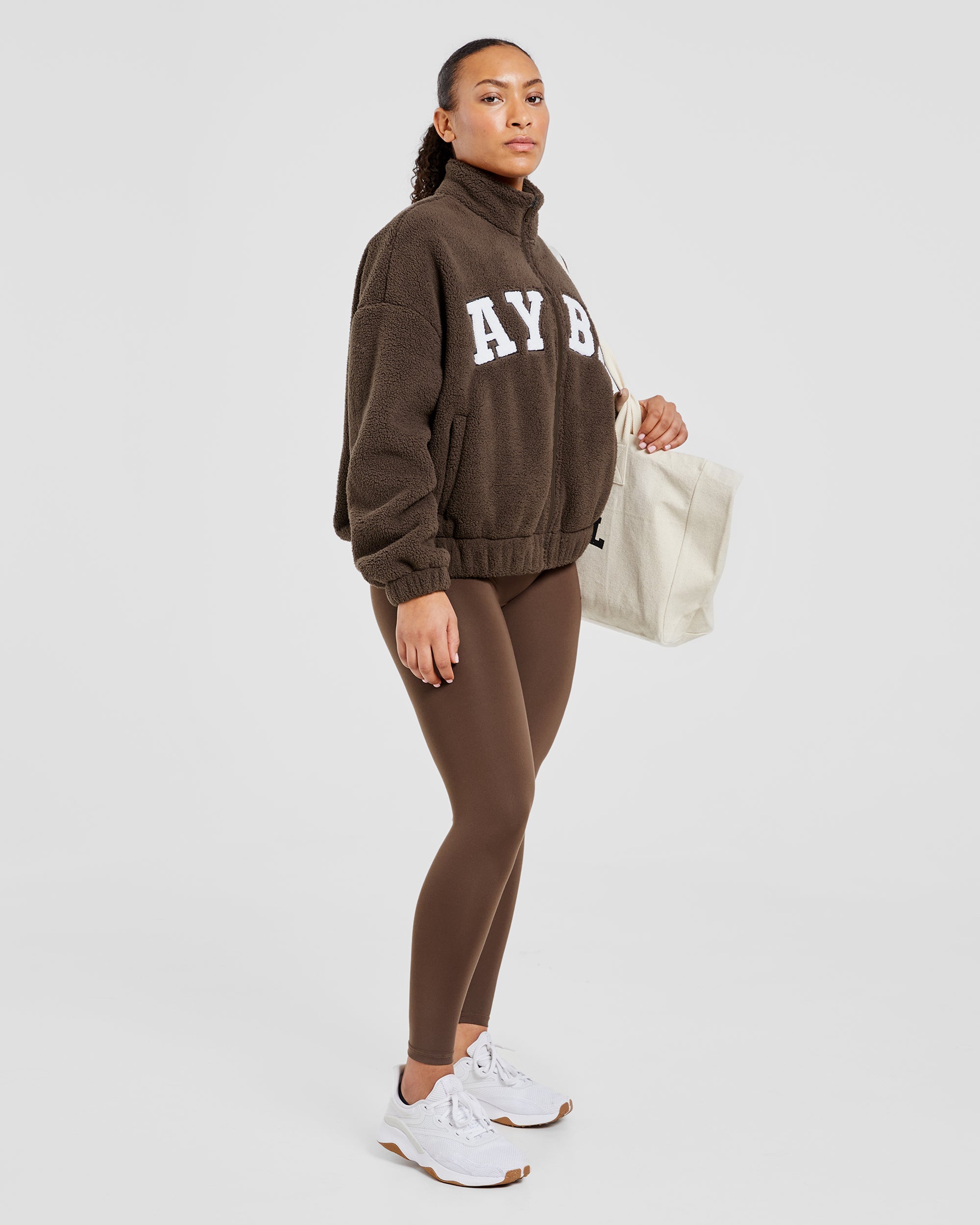 Varsity Oversized Fleece Zip Up Jacket - Cocoa Brown