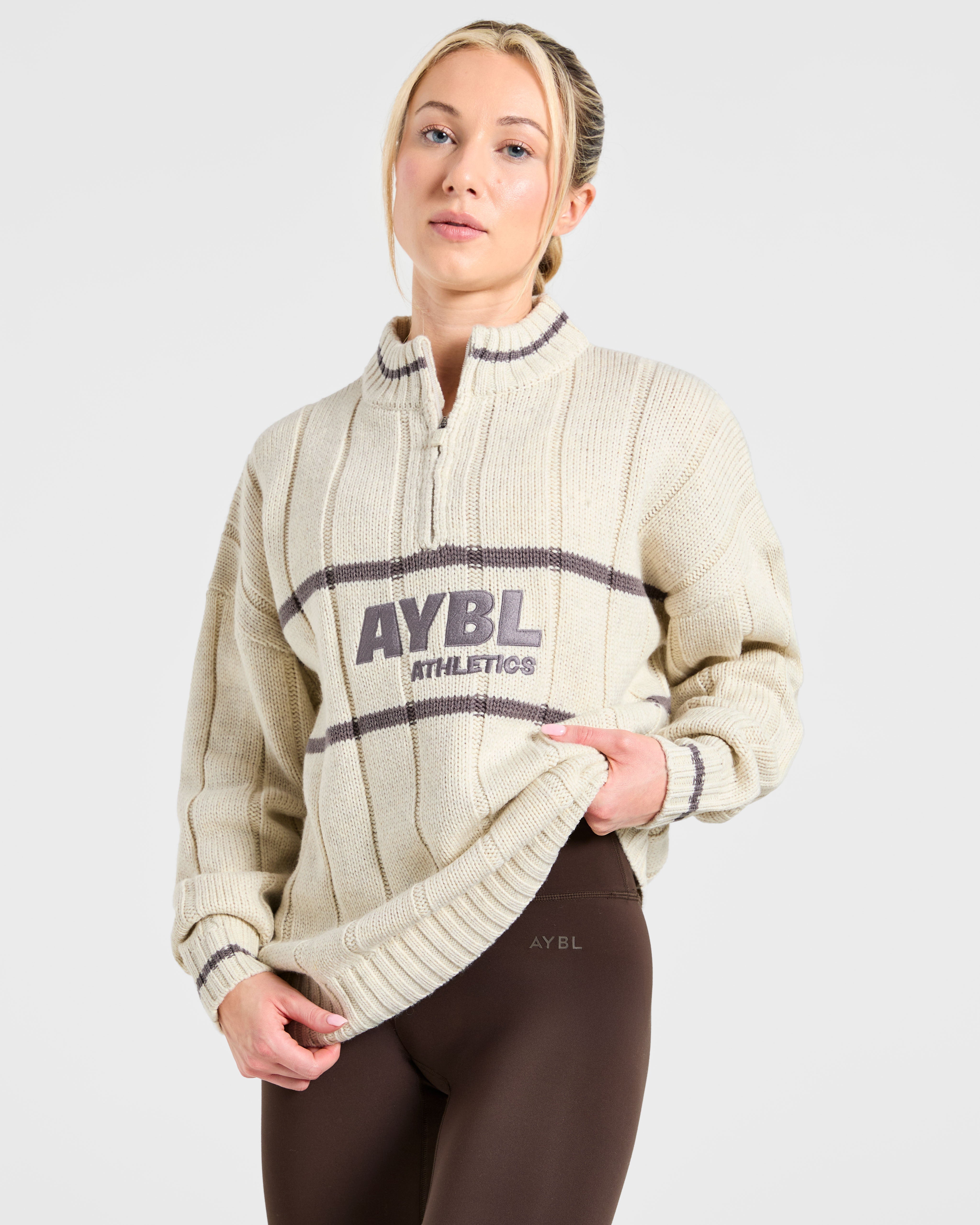 Athletics Oversized Knitted 1/4 Zip - Oatmeal