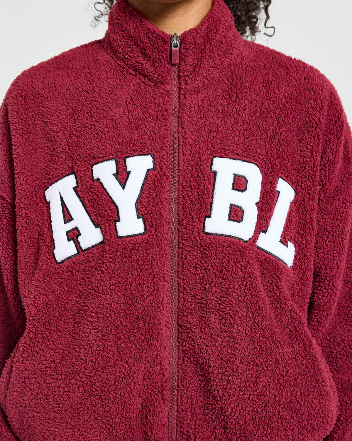 Varsity Oversized Fleece Zip Up Jacket - Mahogany Red