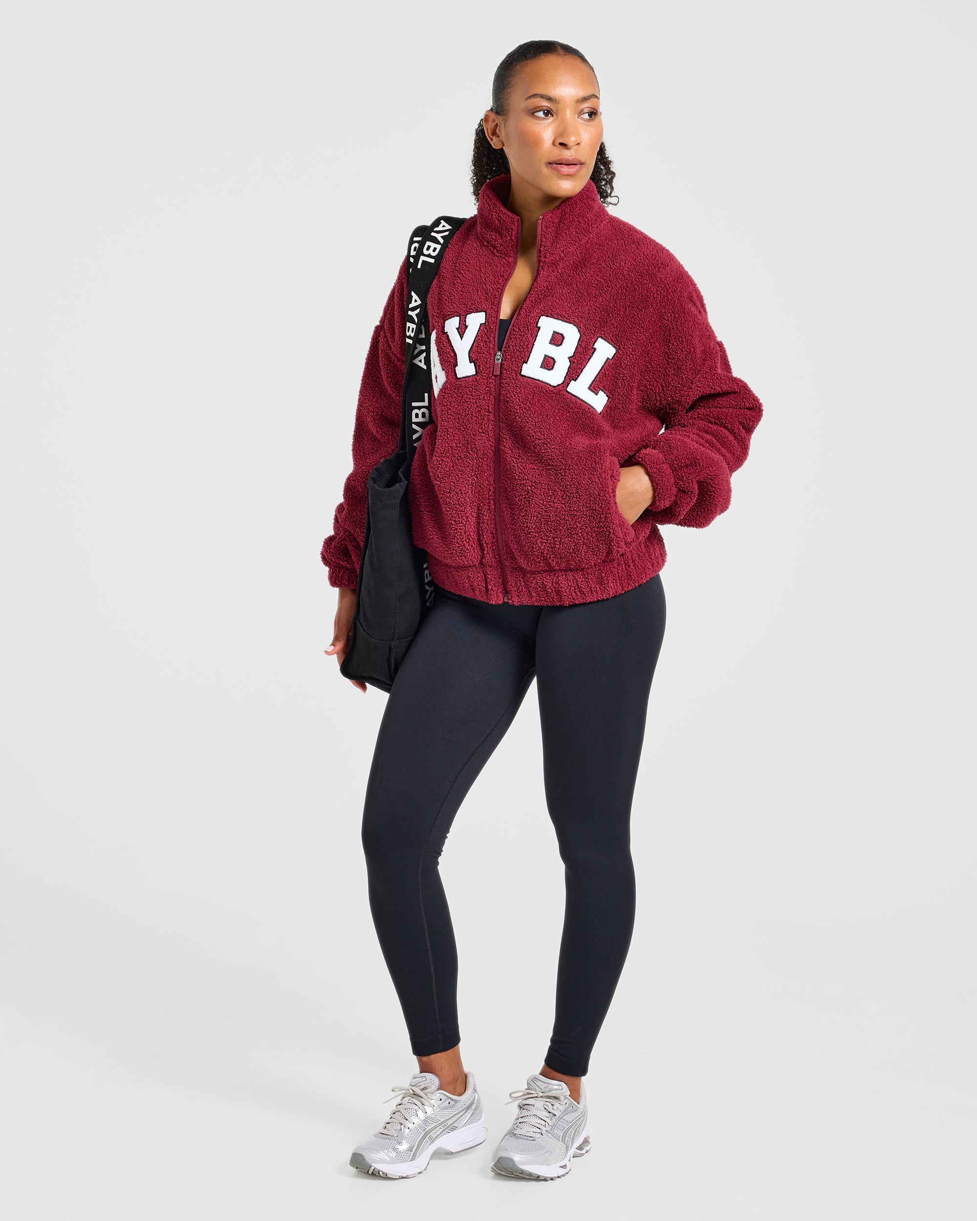 Varsity Oversized Fleece Zip Up Jacket - Mahogany Red