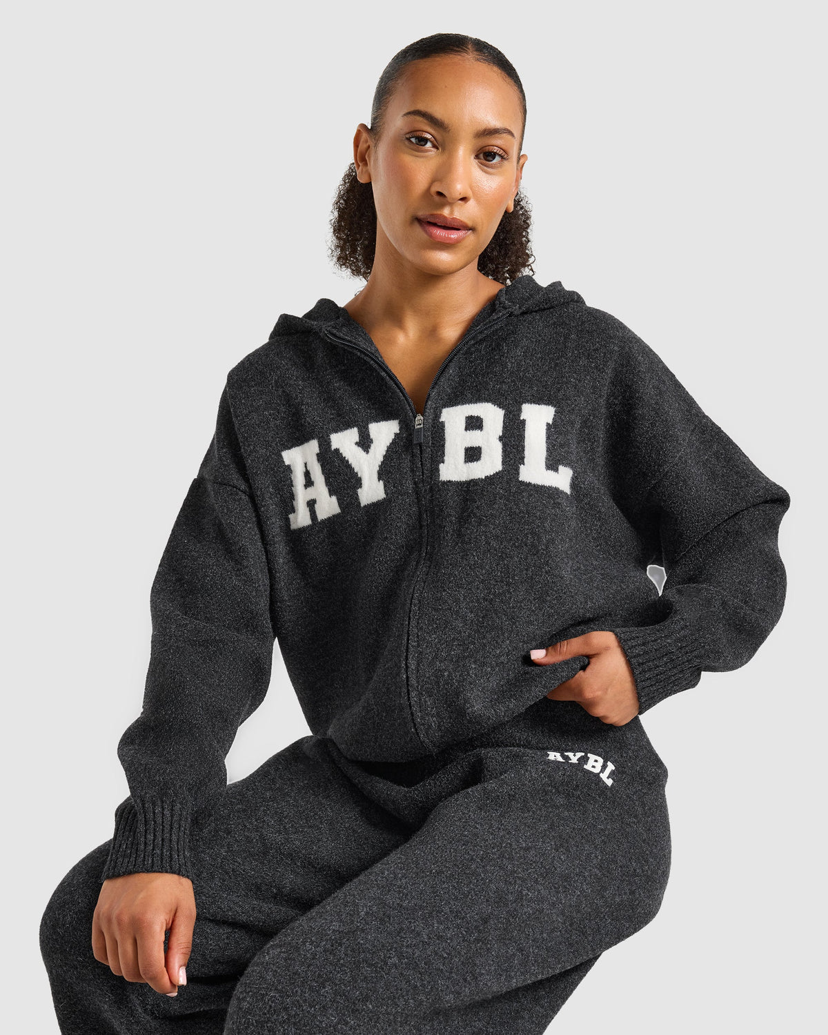 Varsity Oversized Knitted Zip Up Hoodie - Charcoal
