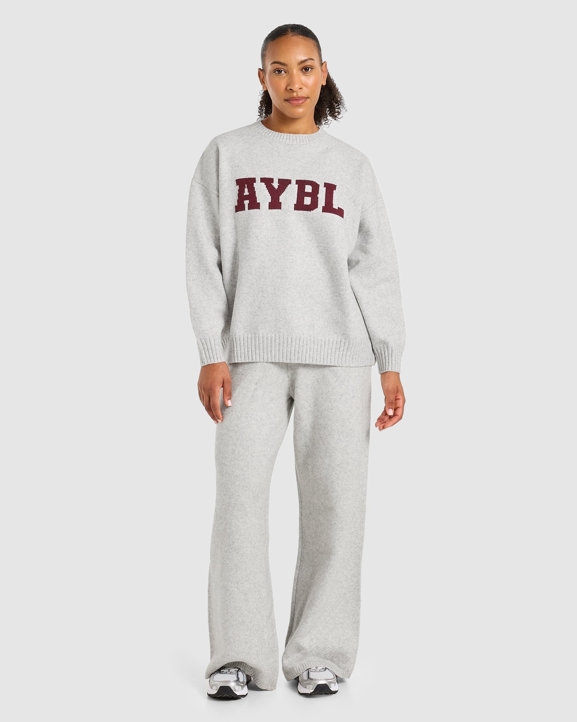 Varsity Oversized Knitted Joggers - Grey Marl/Burgundy