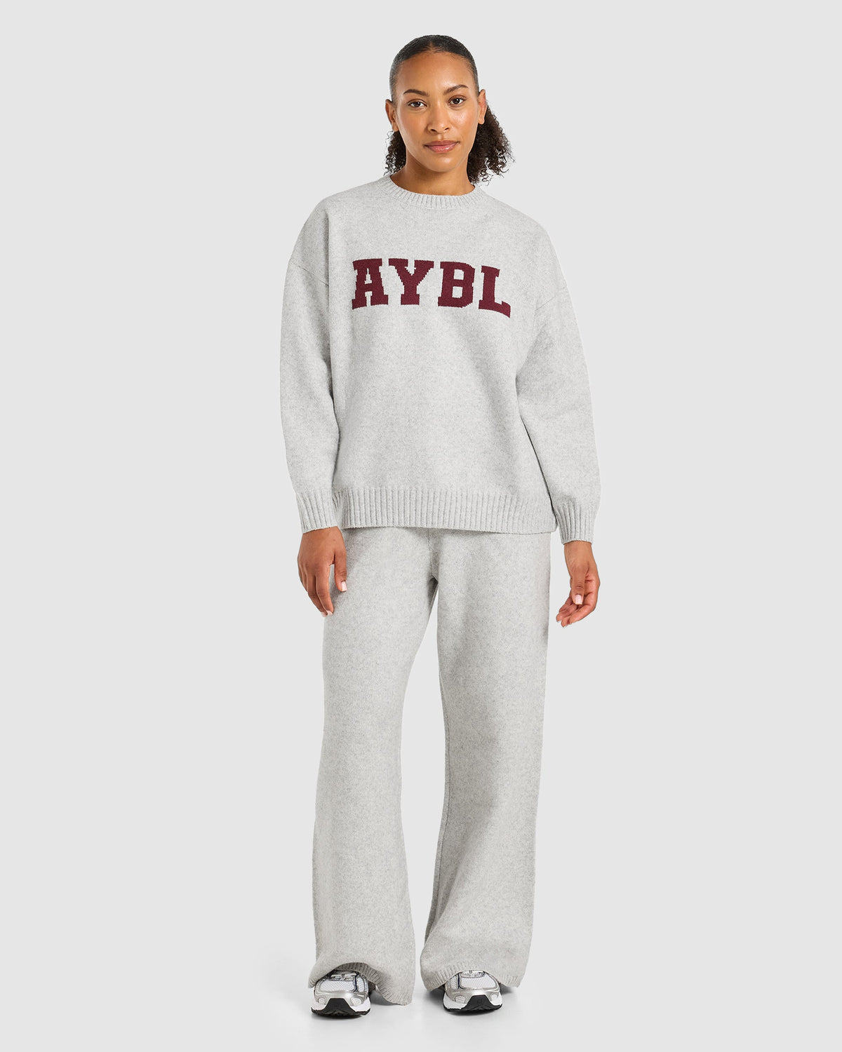 Varsity Oversized Knitted Sweater - Grey Marl/Burgundy