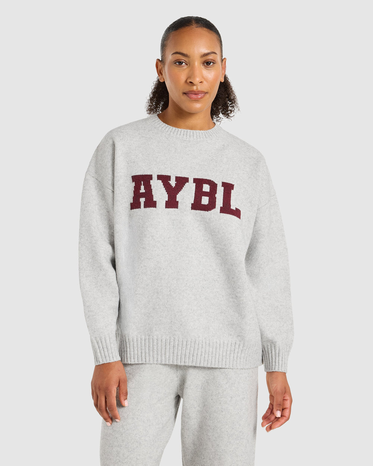 Varsity Oversized Knitted Sweater - Grey Marl/Burgundy