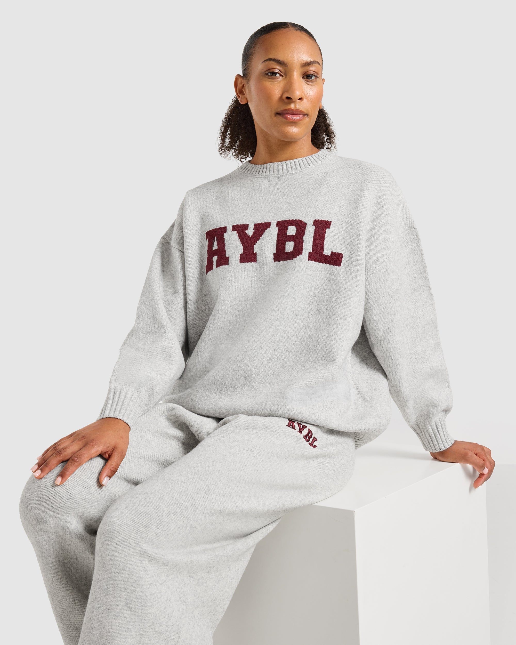Varsity Oversized Knitted Sweater - Grey Marl/Burgundy