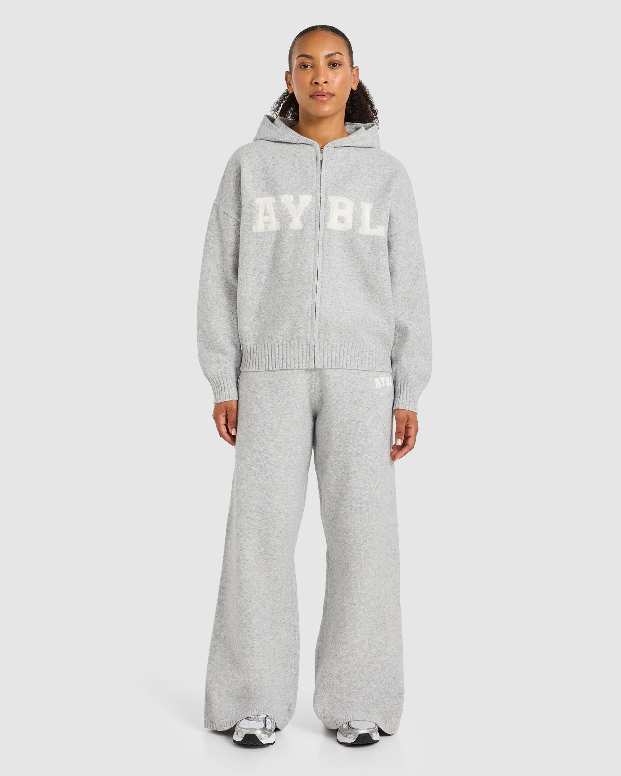 Varsity Oversized Knitted Zip Up Hoodie - Grey Marl