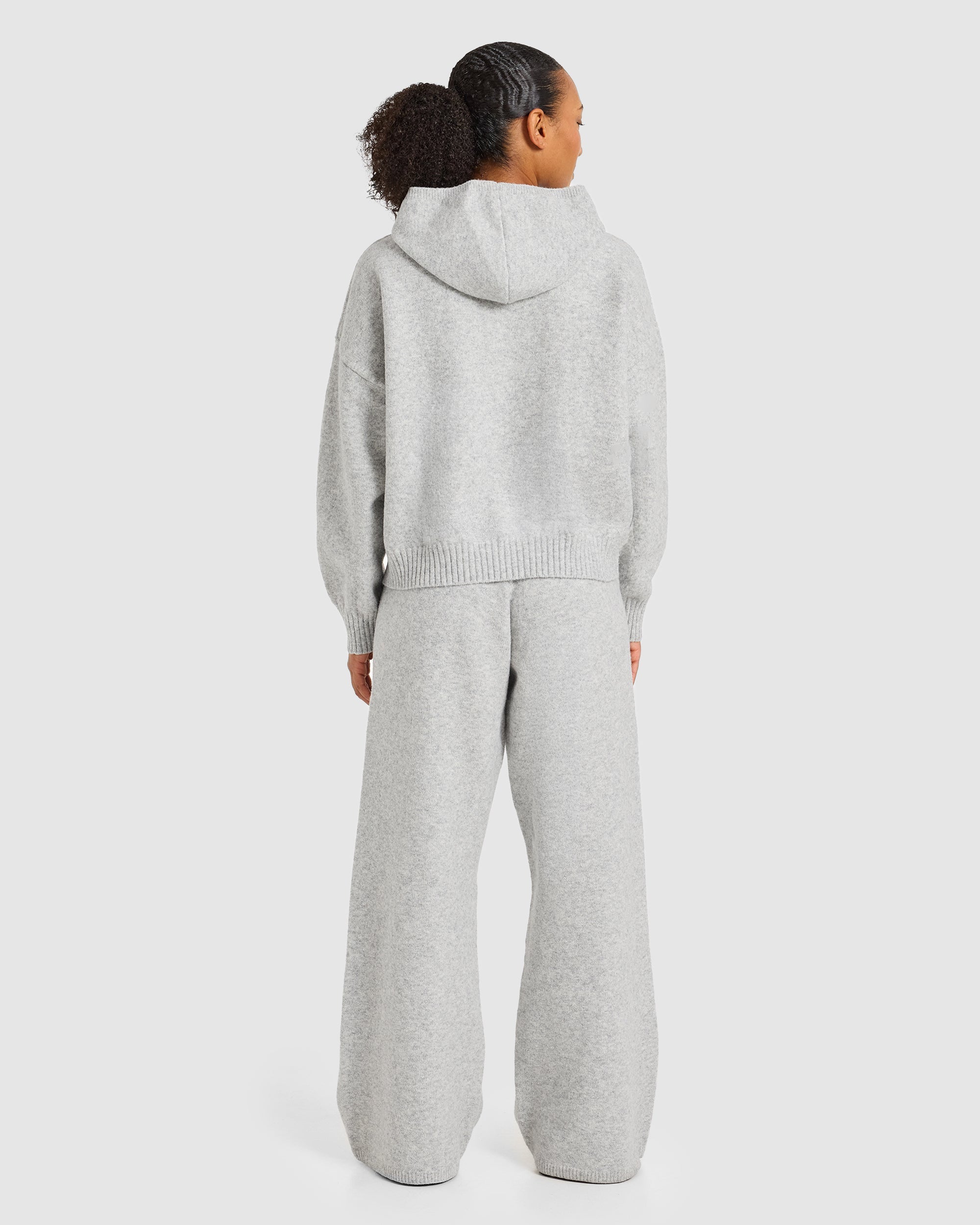 Varsity Oversized Knitted Zip Up Hoodie - Grey Marl