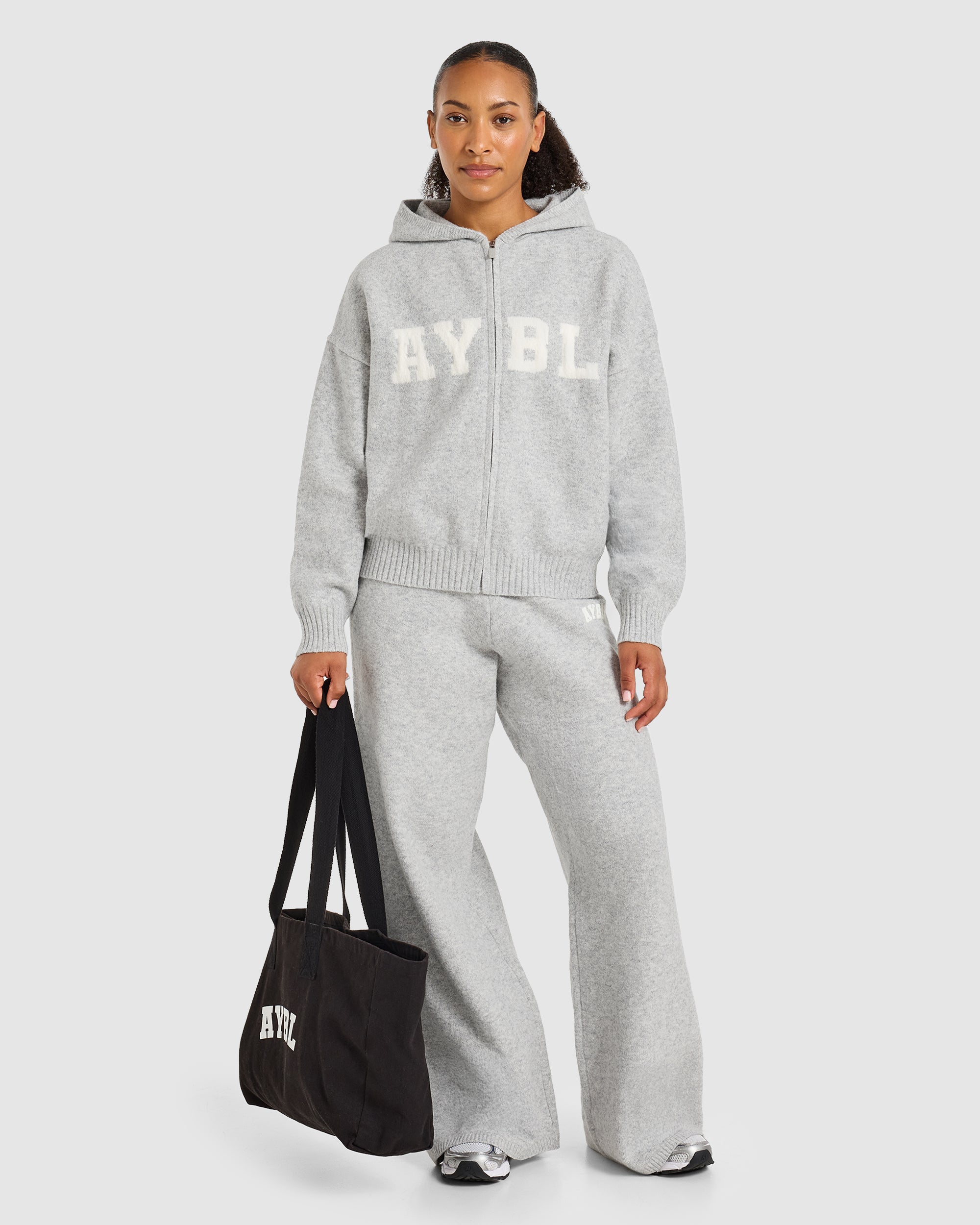 Varsity Oversized Knitted Zip Up Hoodie - Grey Marl