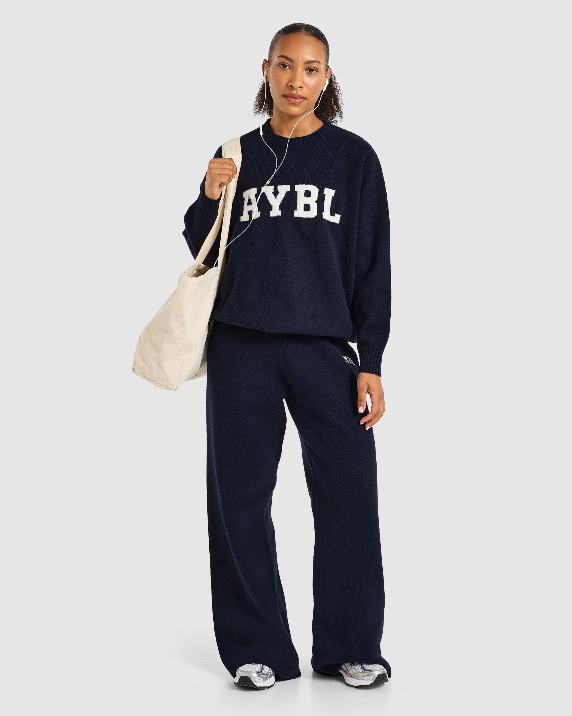 Varsity Oversized Knitted Joggers - Navy