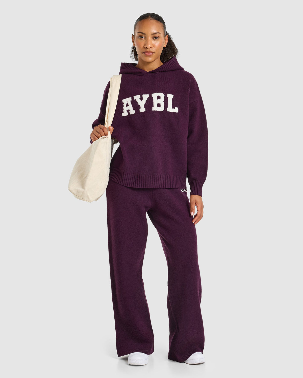 Varsity Oversized Knitted Hoodie - Plum