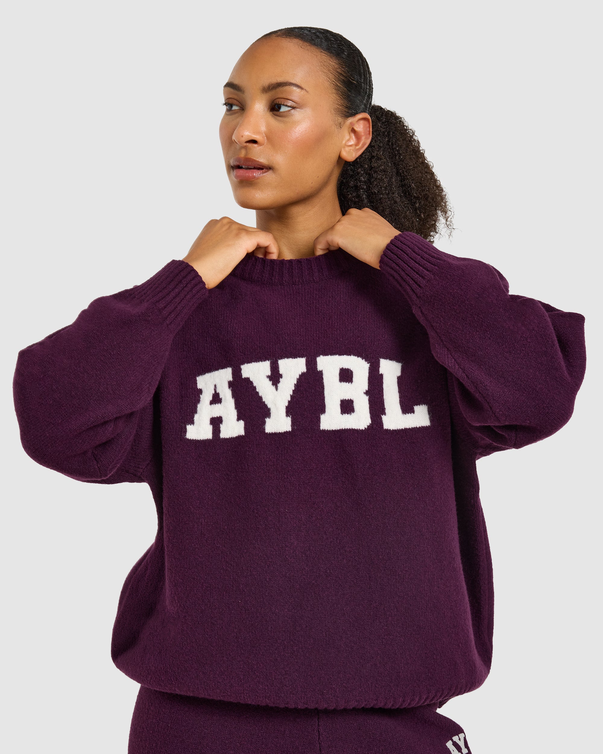 Varsity Oversized Knitted Sweater - Plum