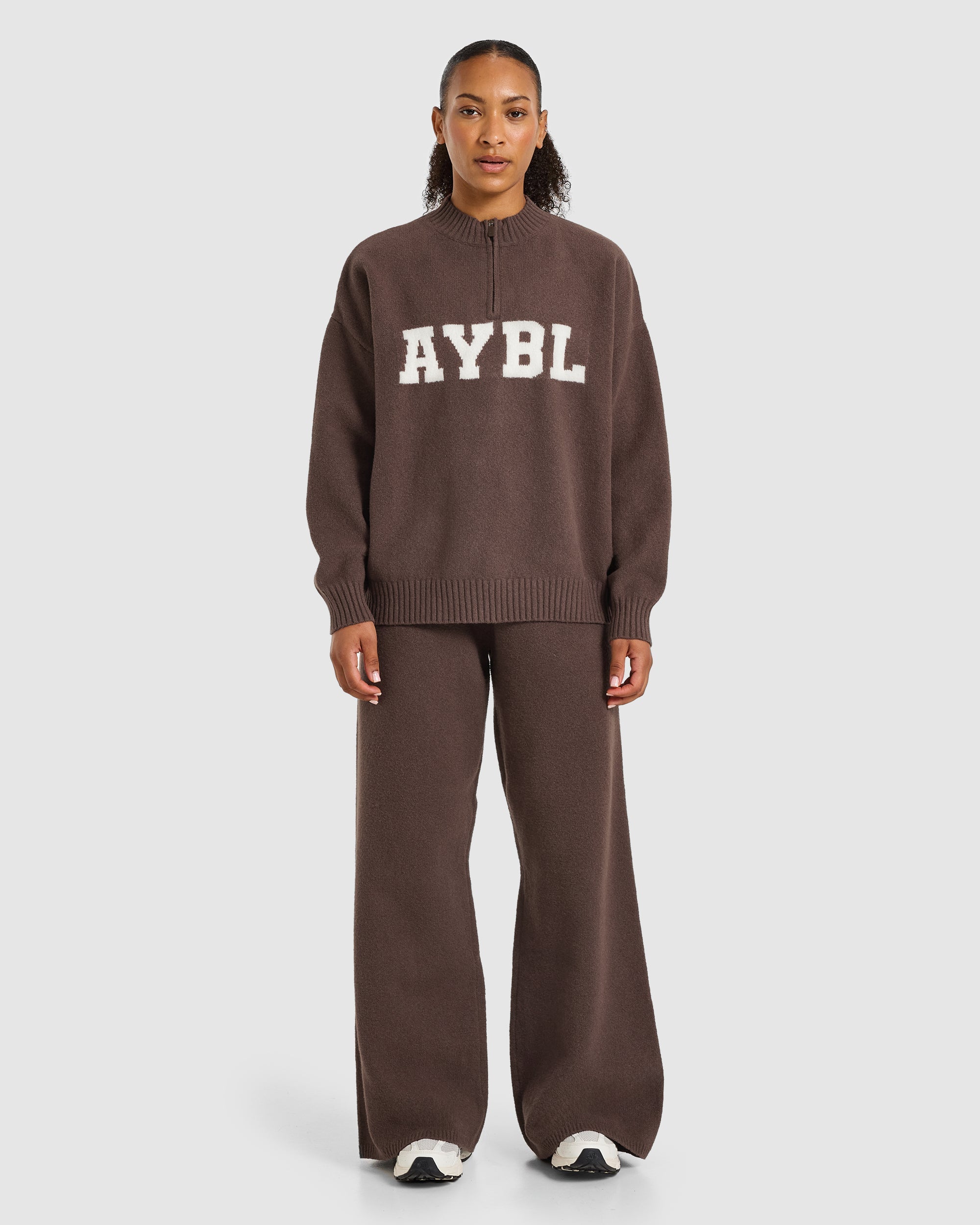 Varsity Oversized Knitted 1/4 Zip Pullover - Brown