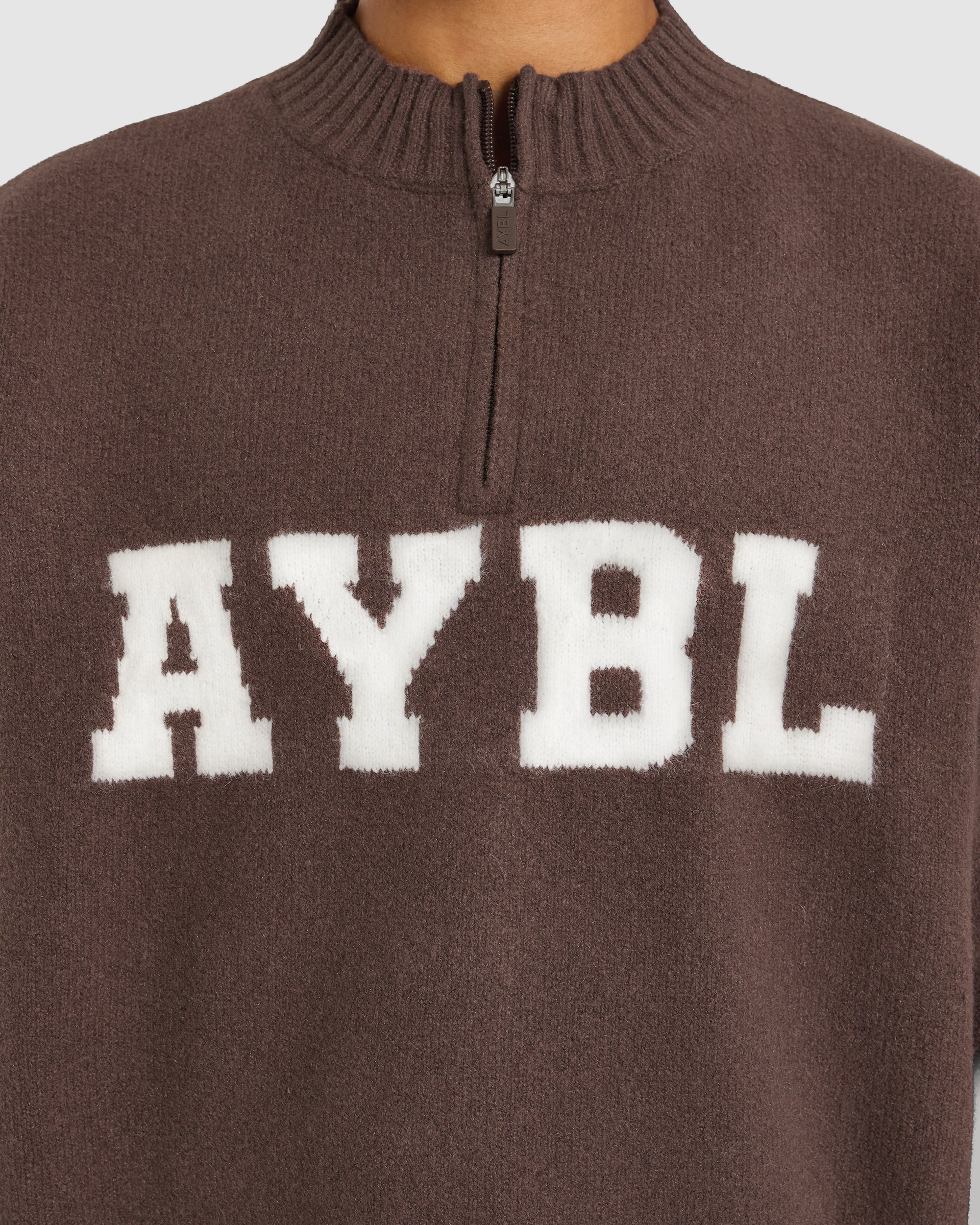 Varsity Oversized Knitted 1/4 Zip Pullover - Brown