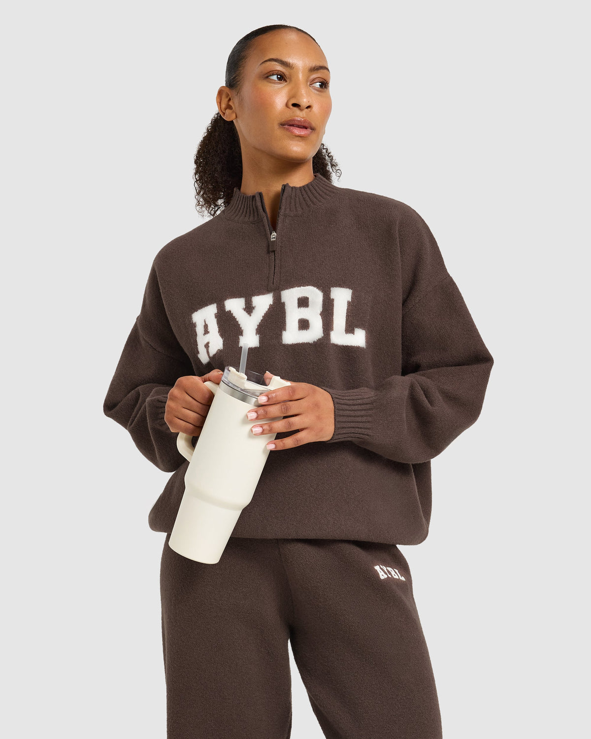 Varsity Oversized Knitted 1/4 Zip Pullover - Brown