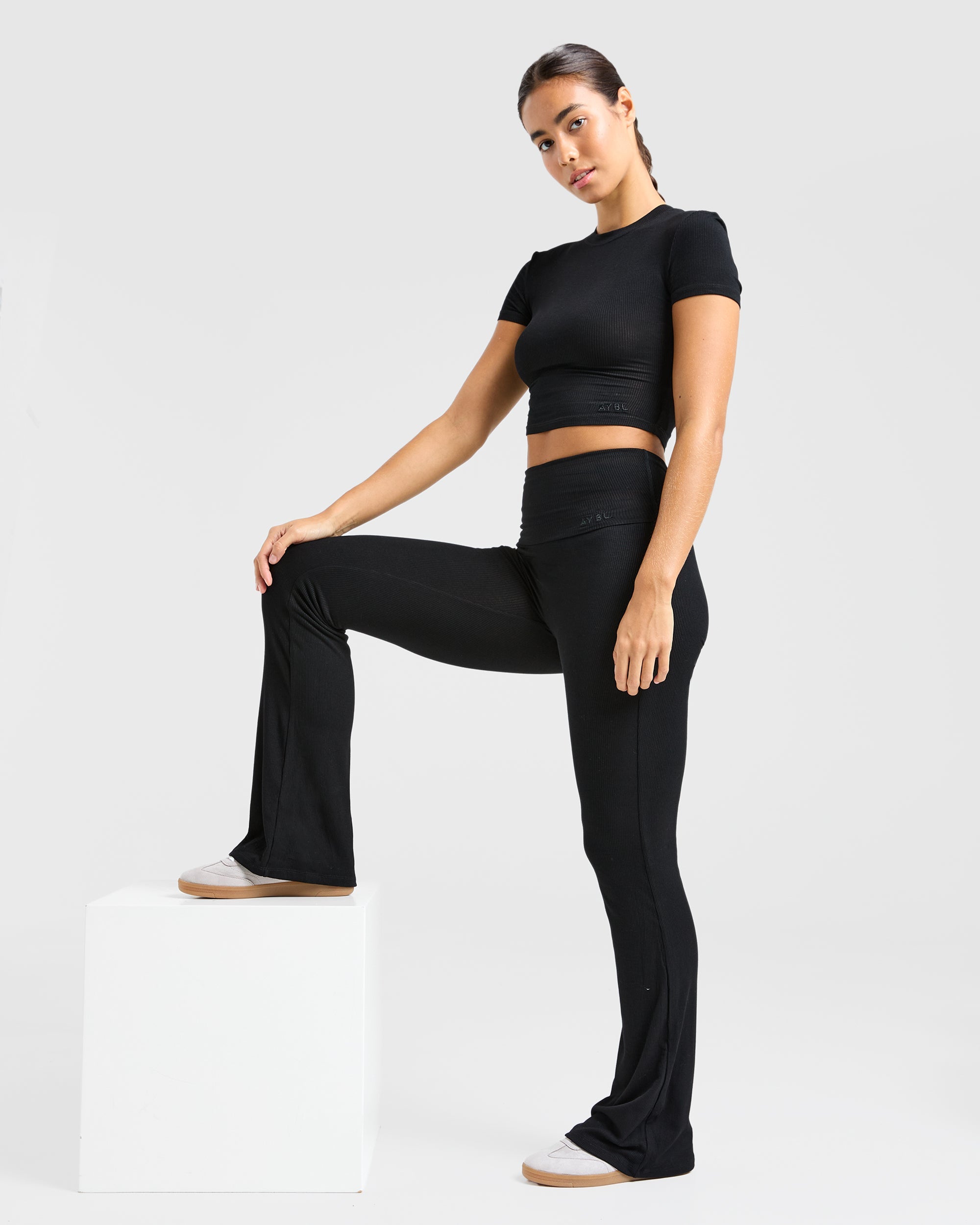 Lounge Ribbed Foldover Flared Leggings - Black