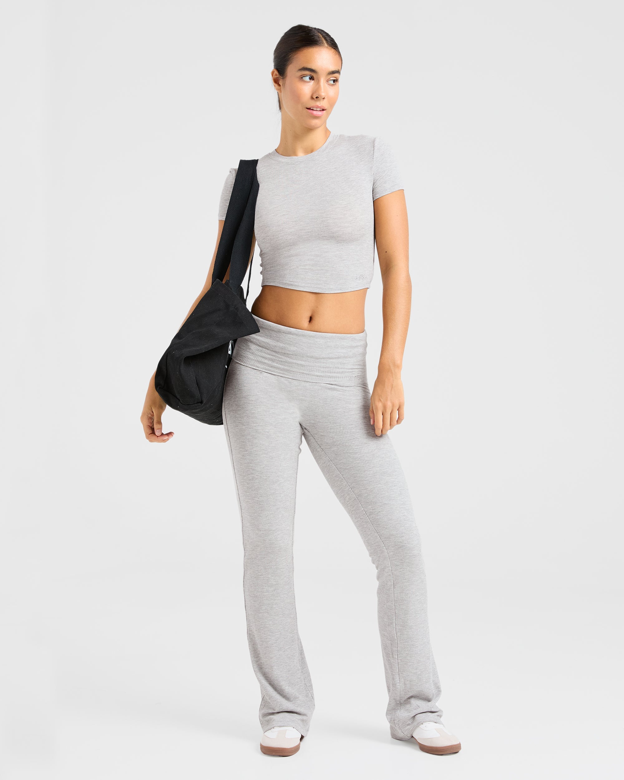 Lounge Ribbed Foldover Flared Leggings - Grey Marl