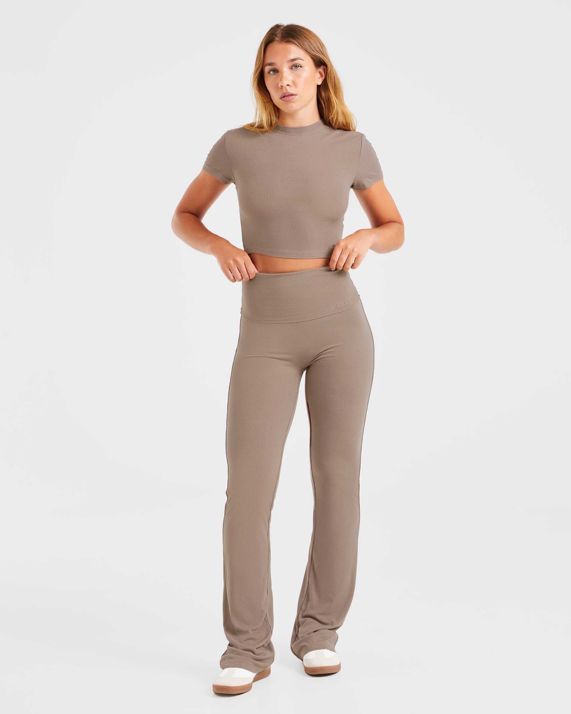 Lounge Ribbed Foldover Flared Leggings - Mocha