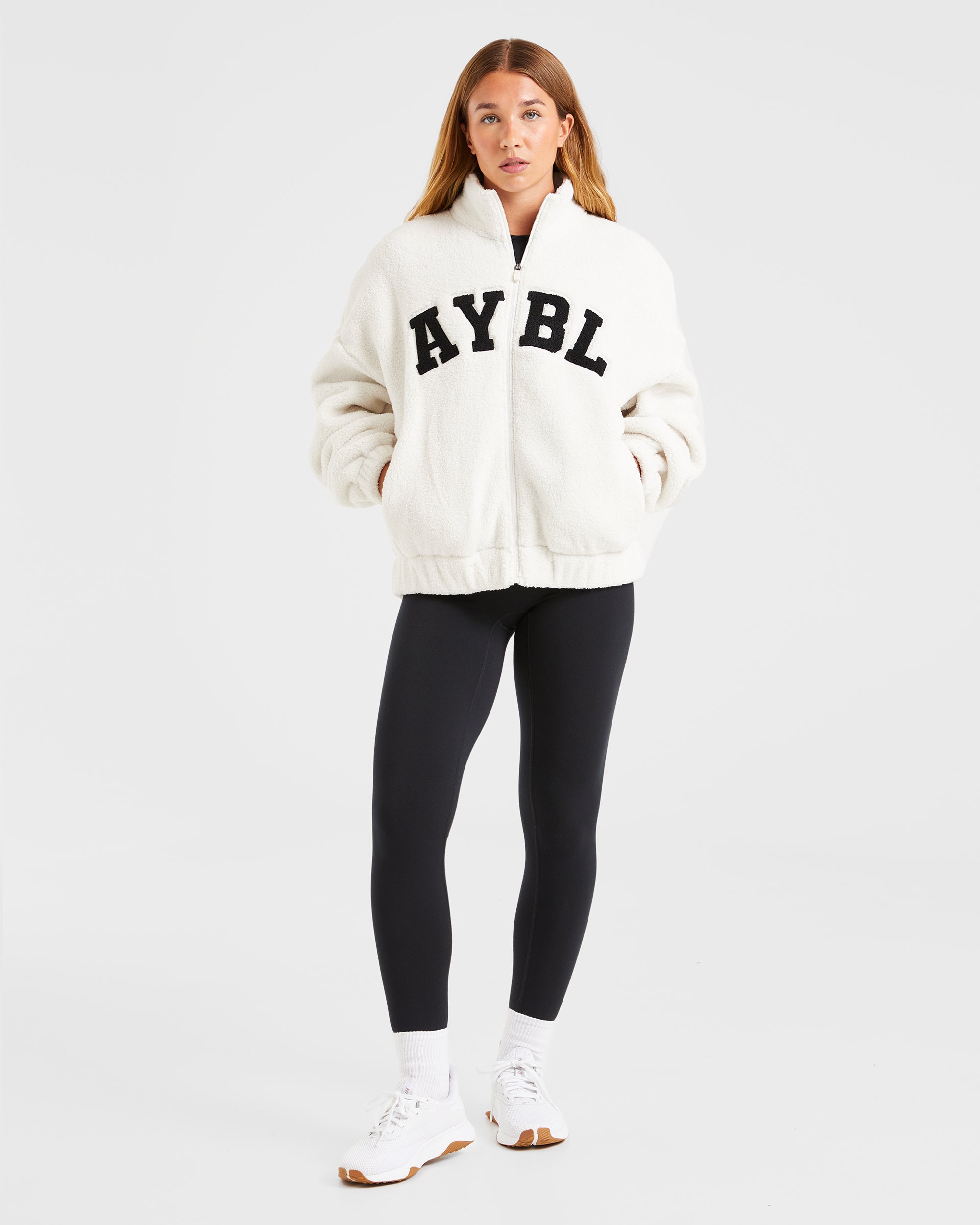 Varsity Oversized Fleece Zip Up Jacket - Cream