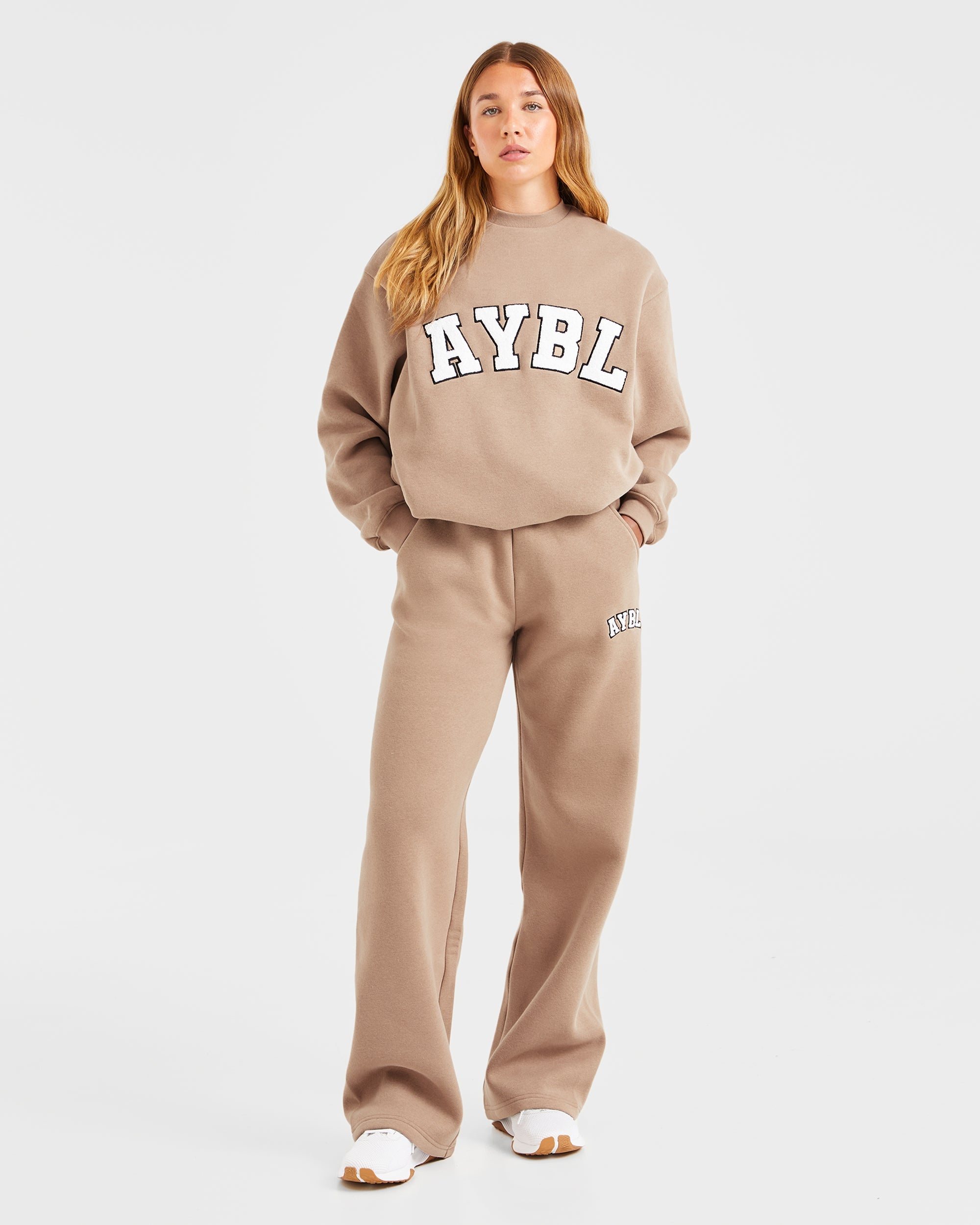 Varsity Oversized Straight Leg Joggers - Latte Brown