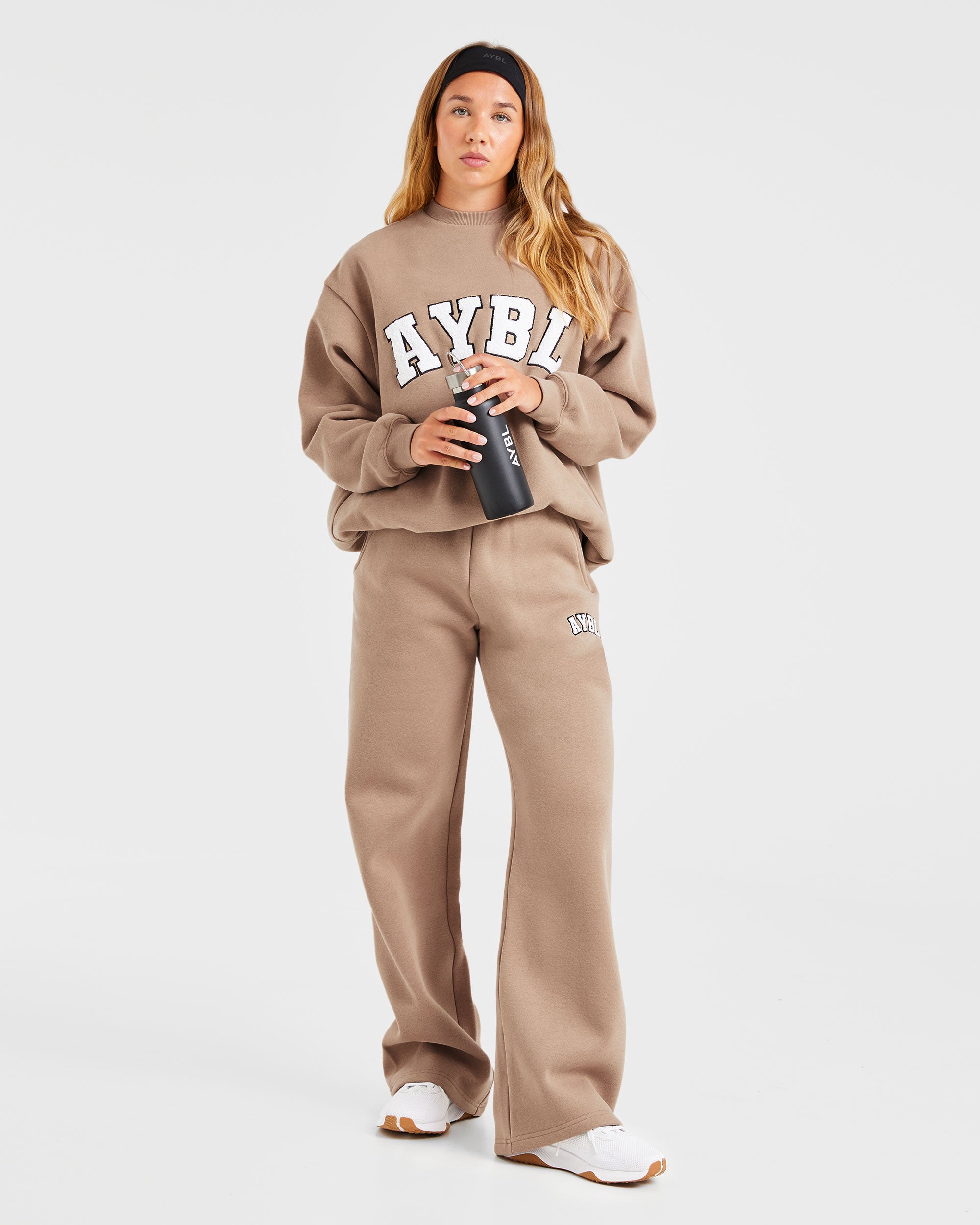 Varsity Oversized Straight Leg Joggers - Latte Brown