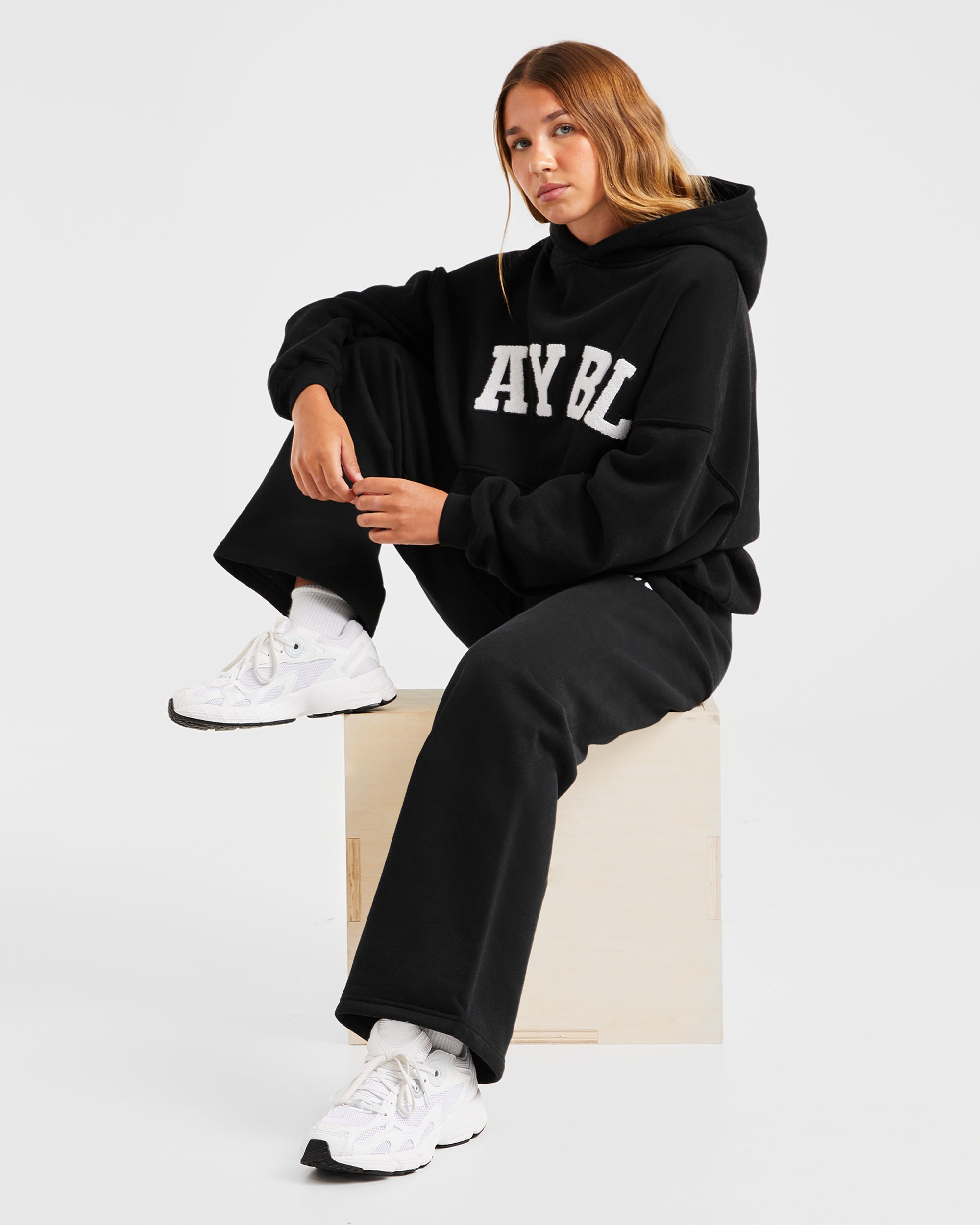 Varsity Oversized Straight Leg Joggers - Black