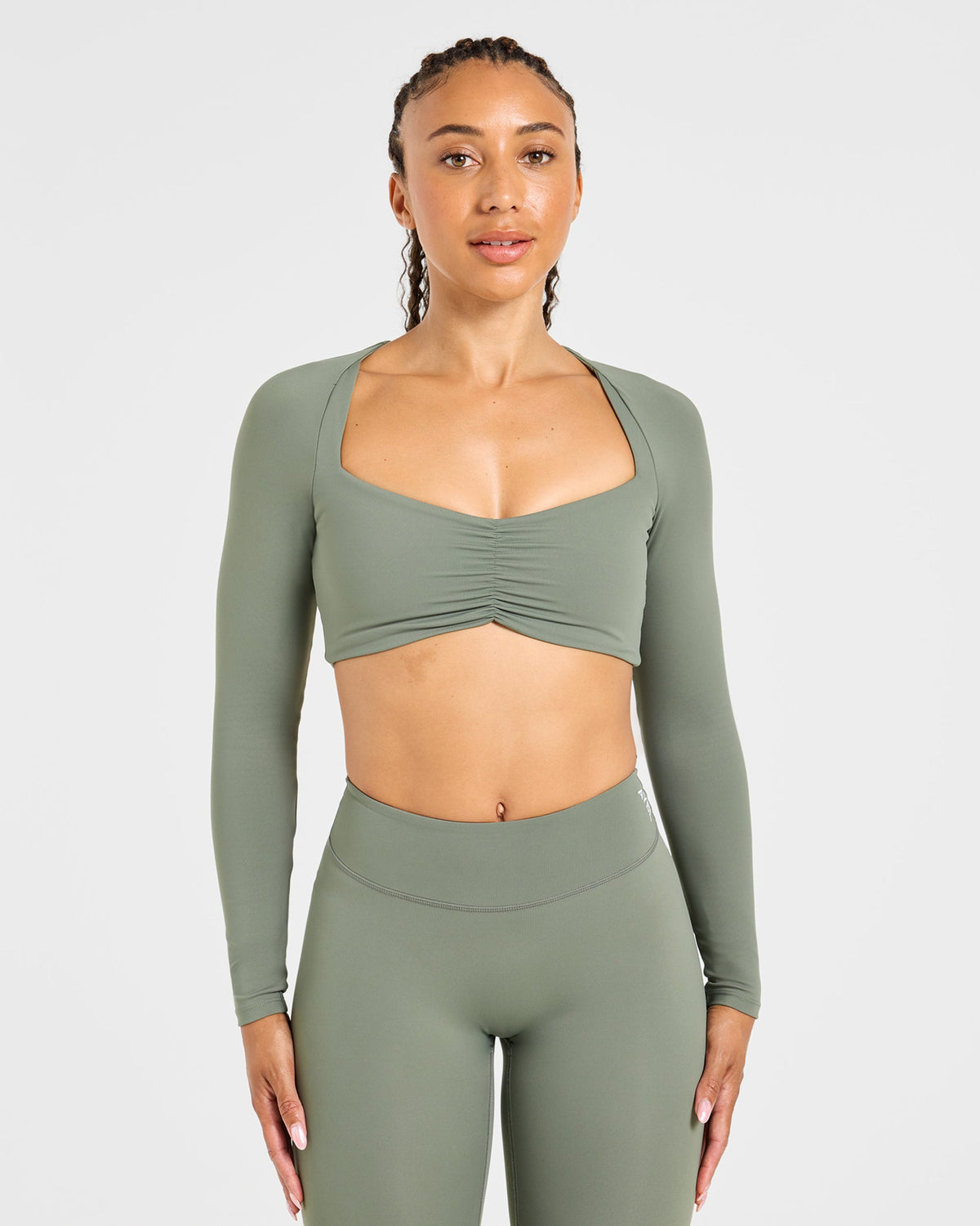 Physique Long Sleeve Crop Top - Muted Khaki