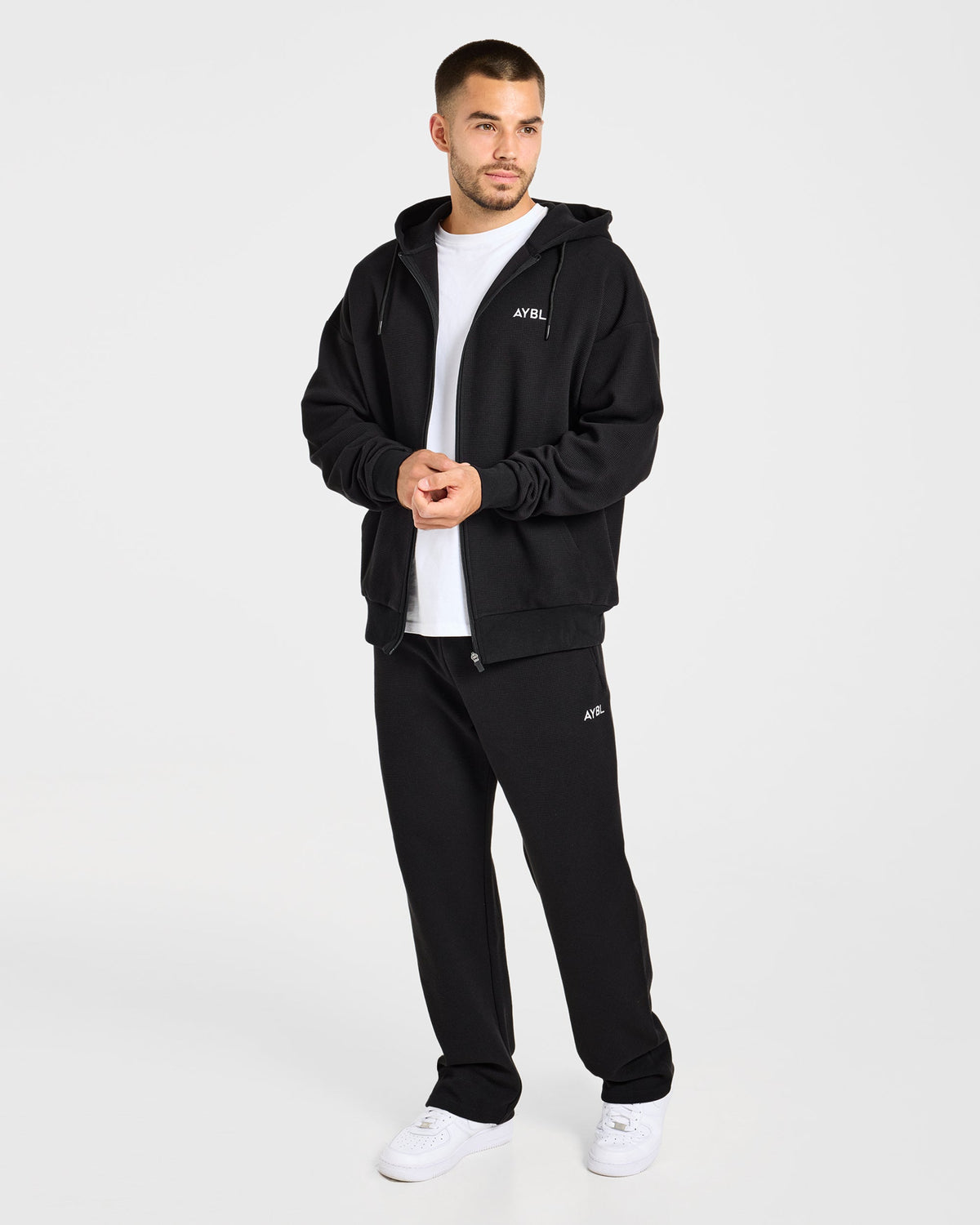 Waffle Oversized Full Zip Hoodie - Black