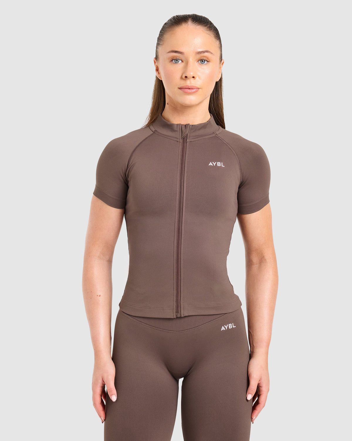 Enhance Seamless Short Sleeve Zip Up Jacket - Brown