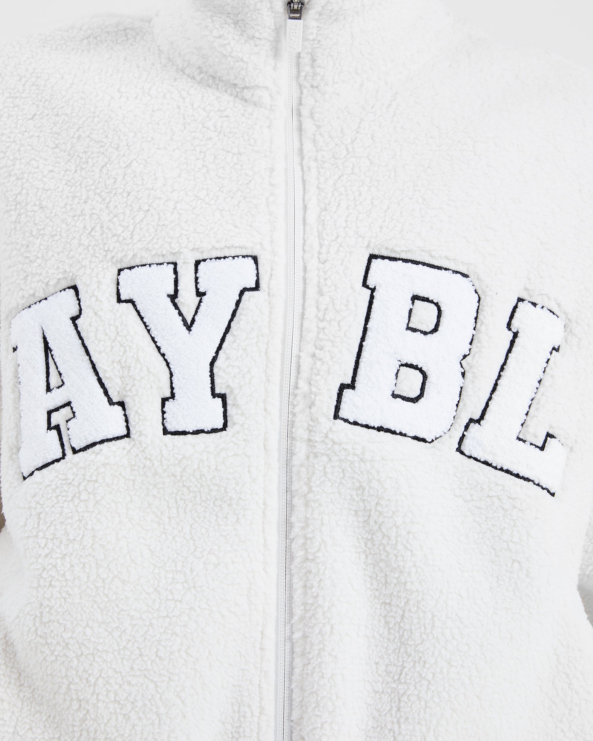 Varsity Oversized Fleece Zip Up Jacket - Cream/White