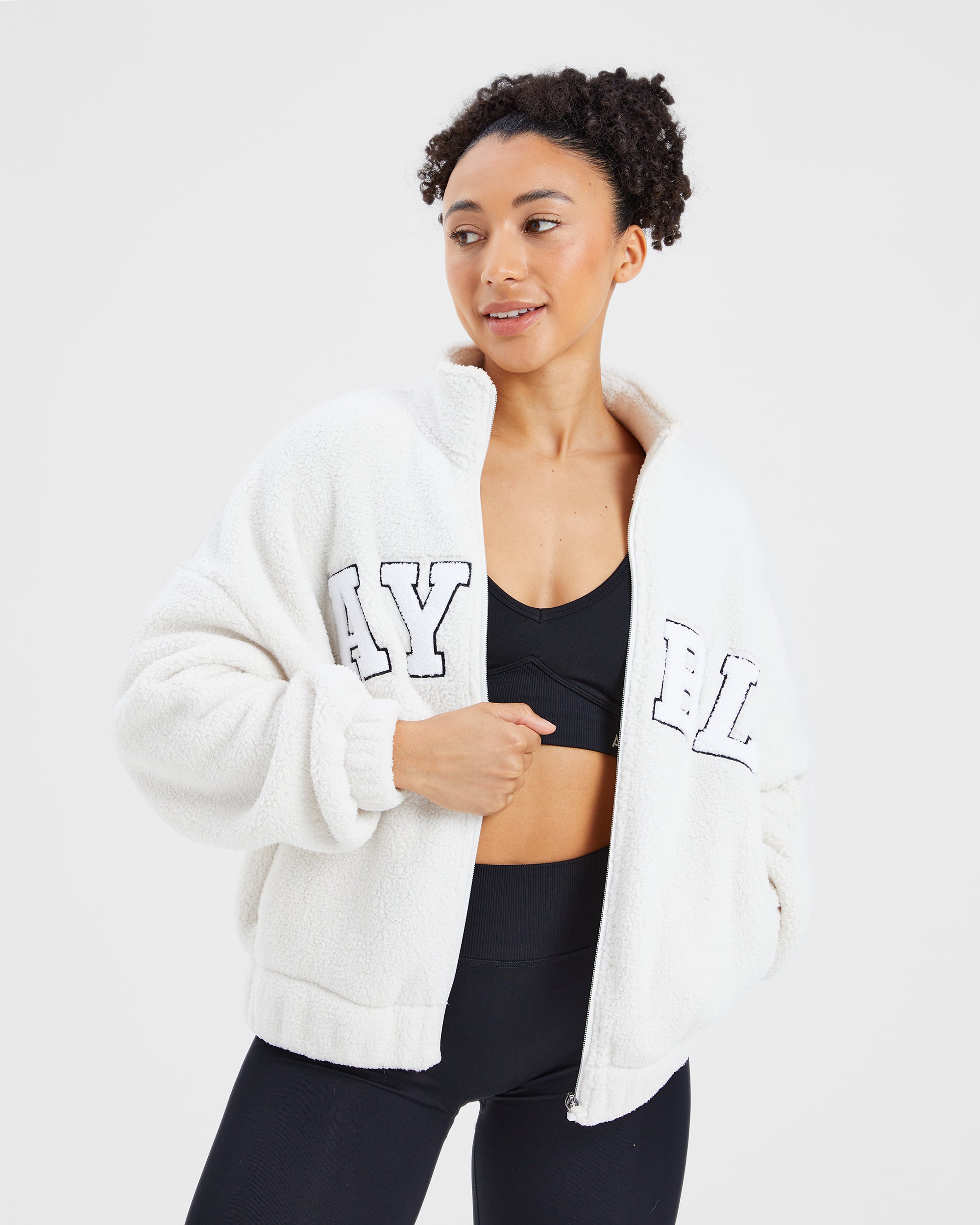 Varsity Oversized Fleece Zip Up Jacket - Cream/White