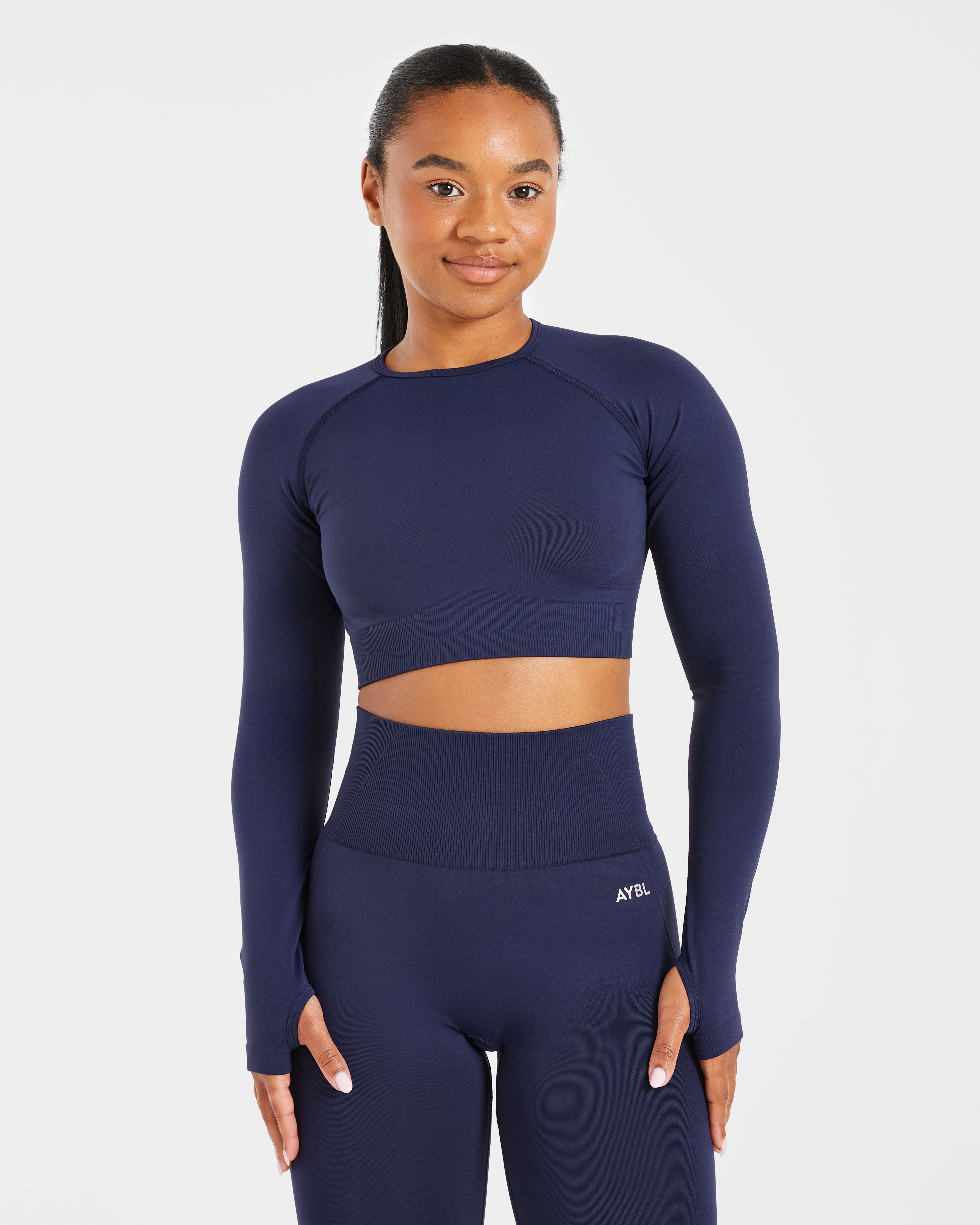 Empower Nahtloses Langarm-Crop-Top – Marineblau