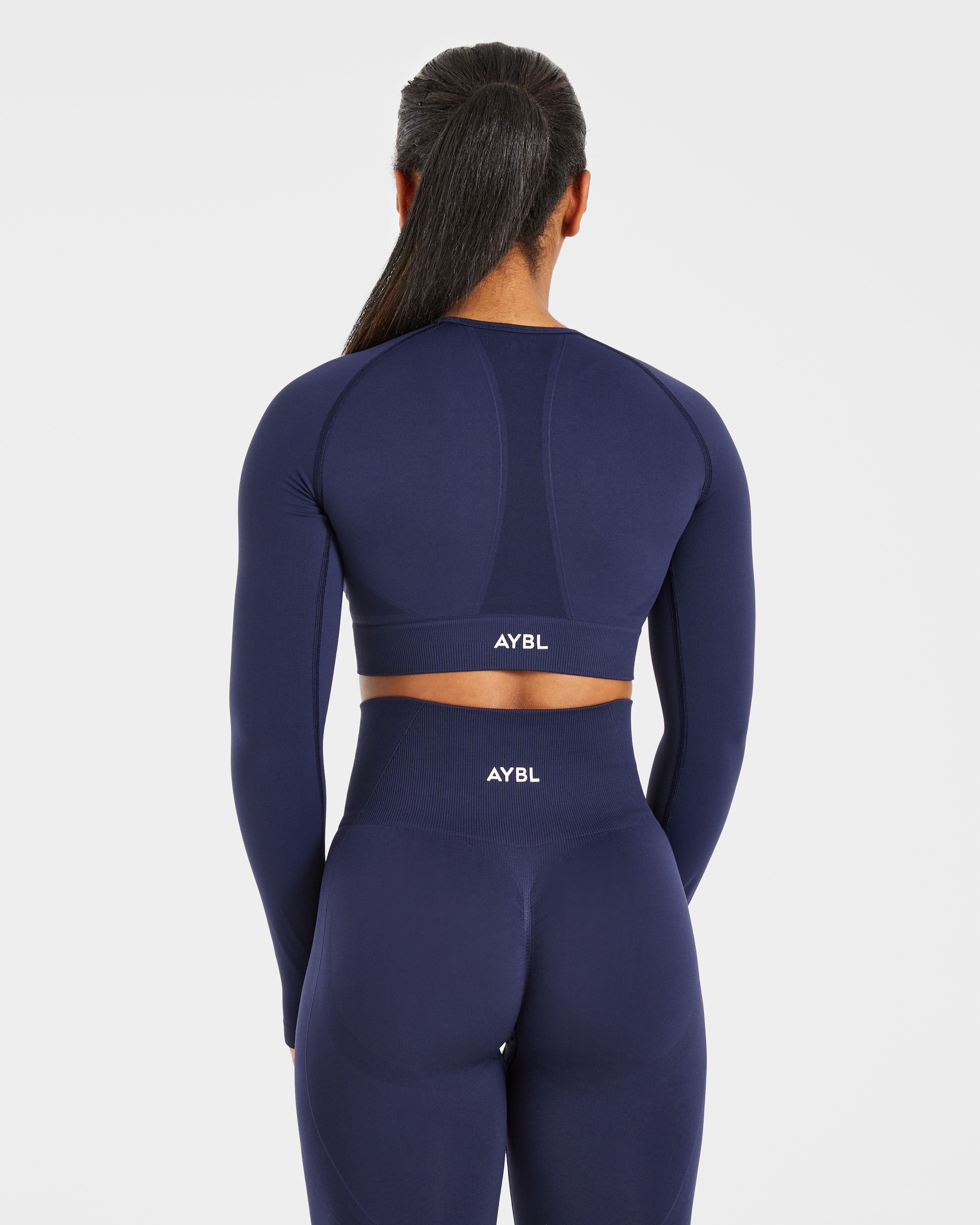 Empower Nahtloses Langarm-Crop-Top – Marineblau
