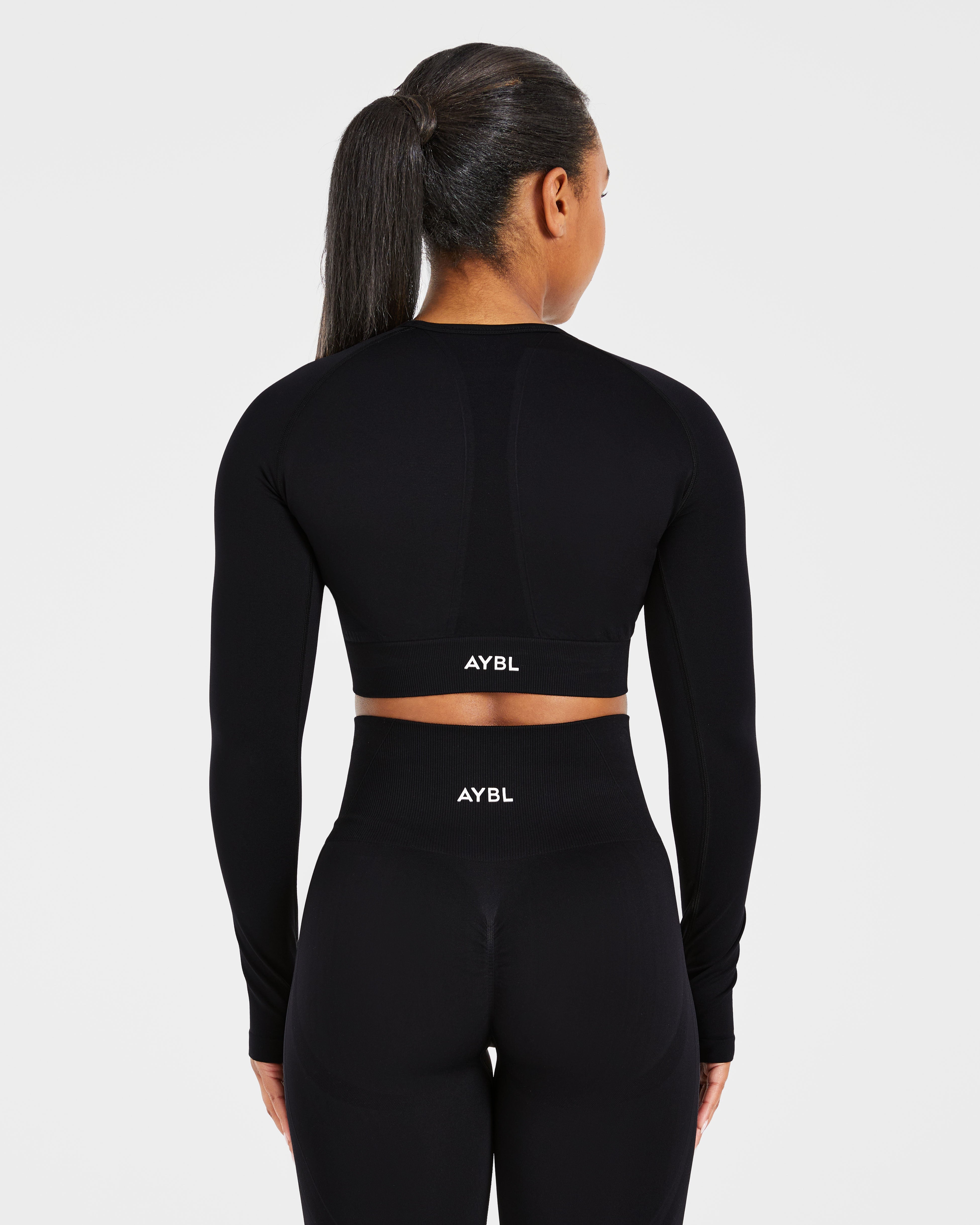 Empower Nahtloses Langarm-Crop-Top – Schwarz