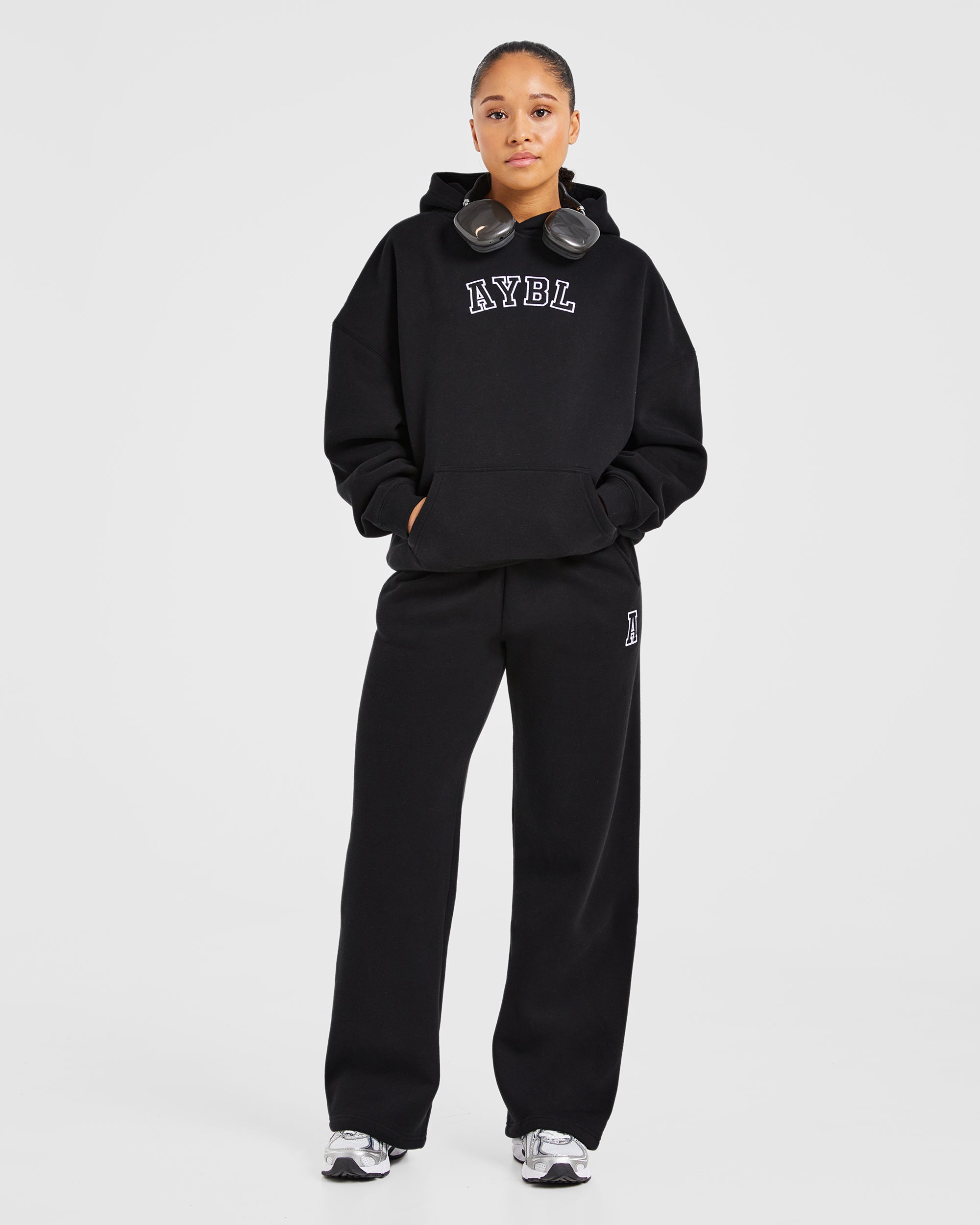 Image 8 from Varsity Embroidered Oversized Straight Leg Joggers - Black