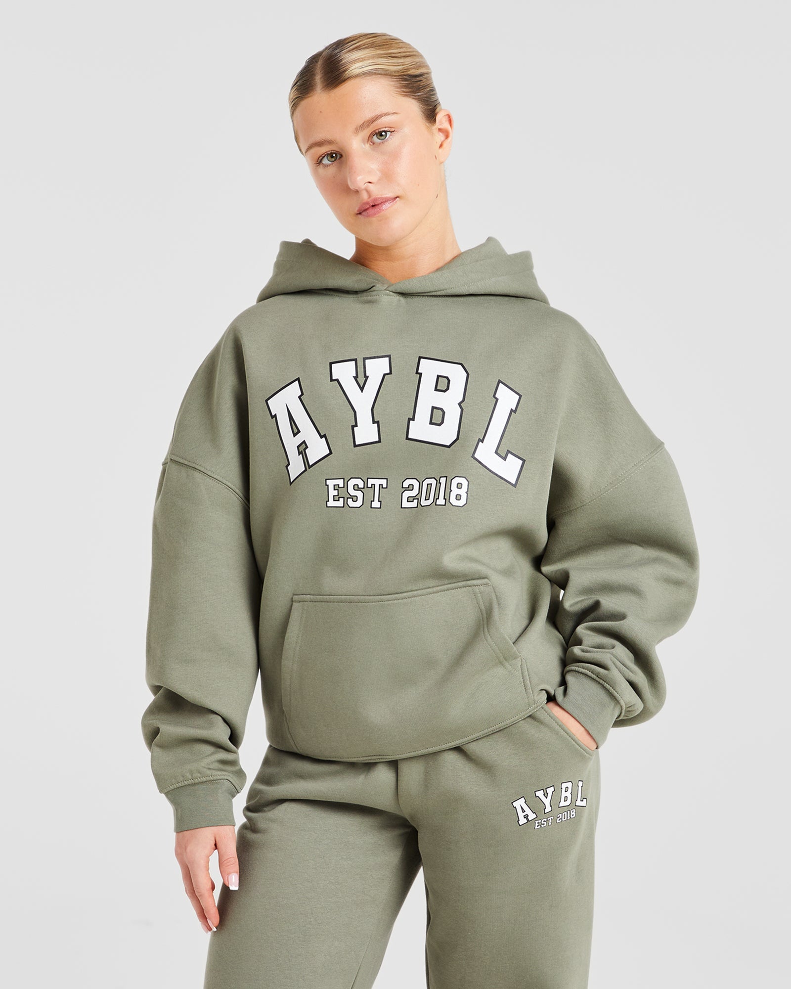 Varsity Graphic Oversized Hoodie - Muted Olive