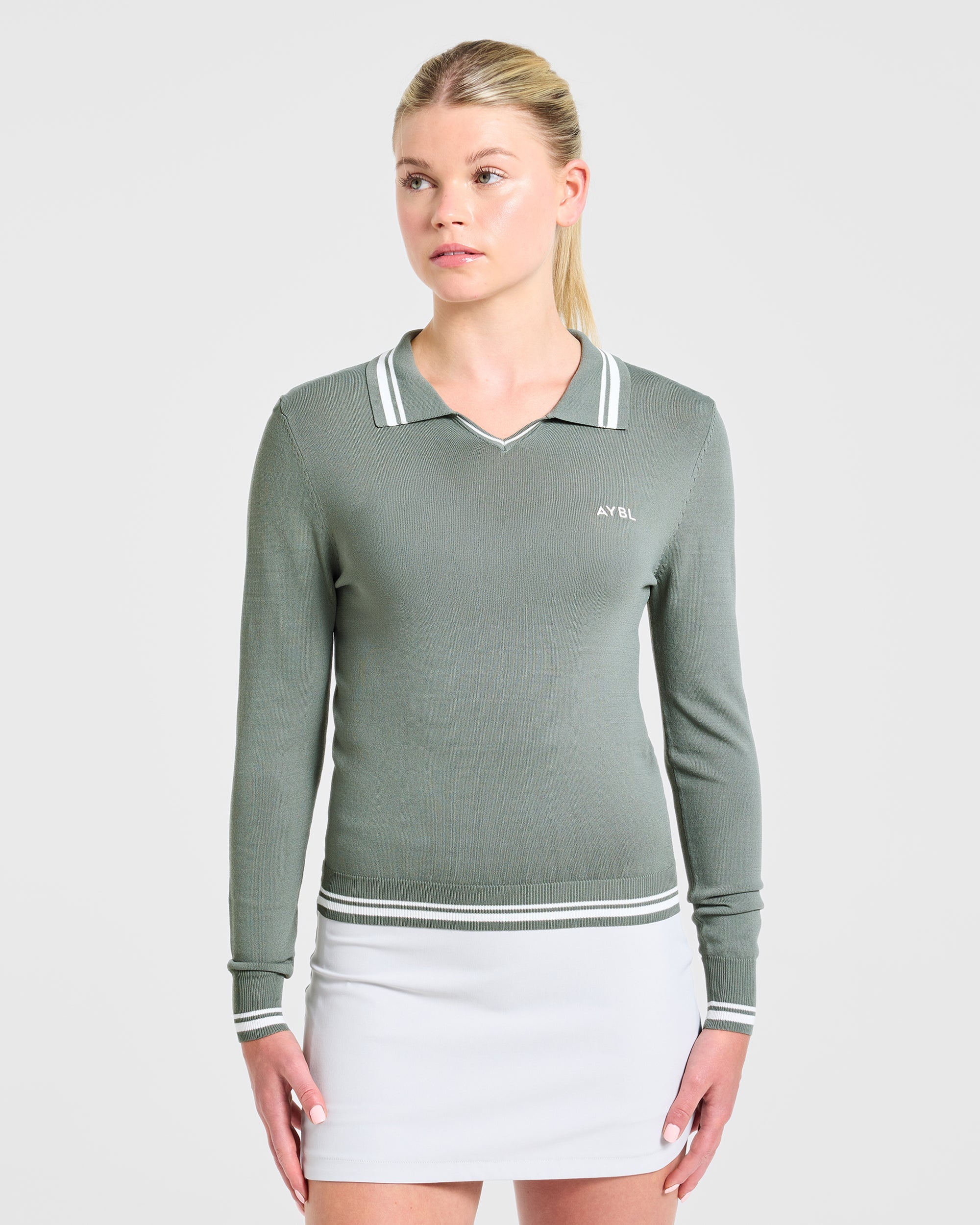 Classic Knitted Long Sleeve Polo - Hillside Green